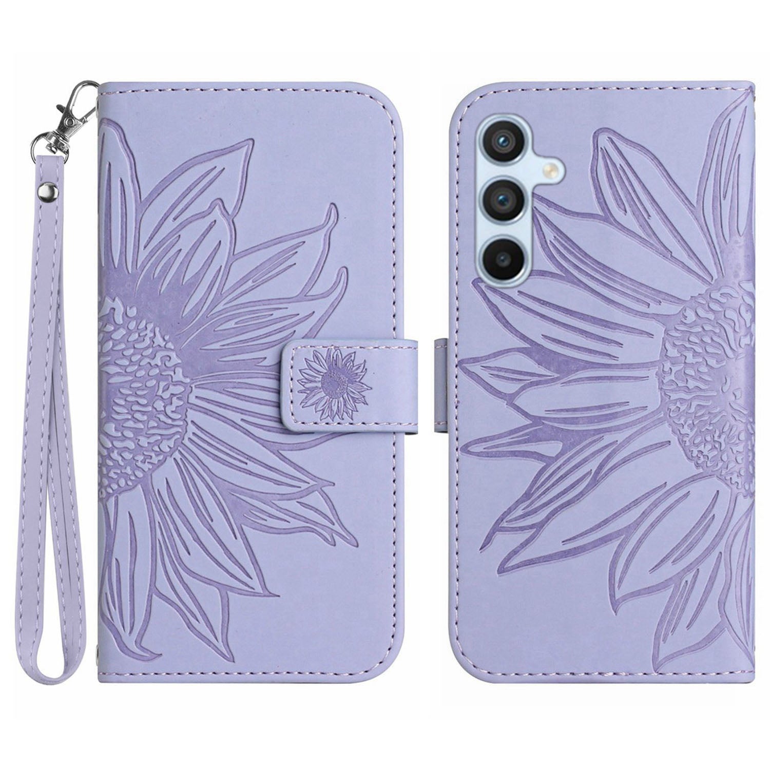 HT04 Leather Phone Case for Samsung Galaxy S23 FE Sunflower Pattern Flip Wallet Stand Cover with Hand Strap