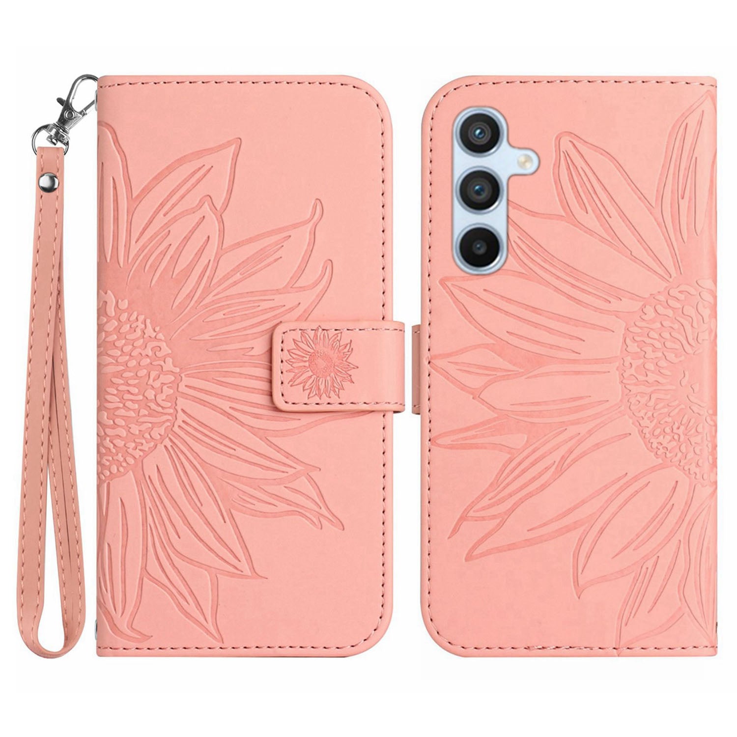 HT04 Leather Phone Case for Samsung Galaxy S23 FE Sunflower Pattern Flip Wallet Stand Cover with Hand Strap