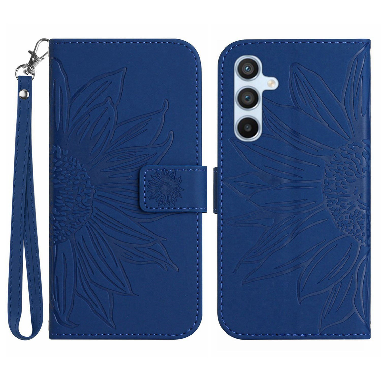 HT04 Leather Phone Case for Samsung Galaxy S23 FE Sunflower Pattern Flip Wallet Stand Cover with Hand Strap