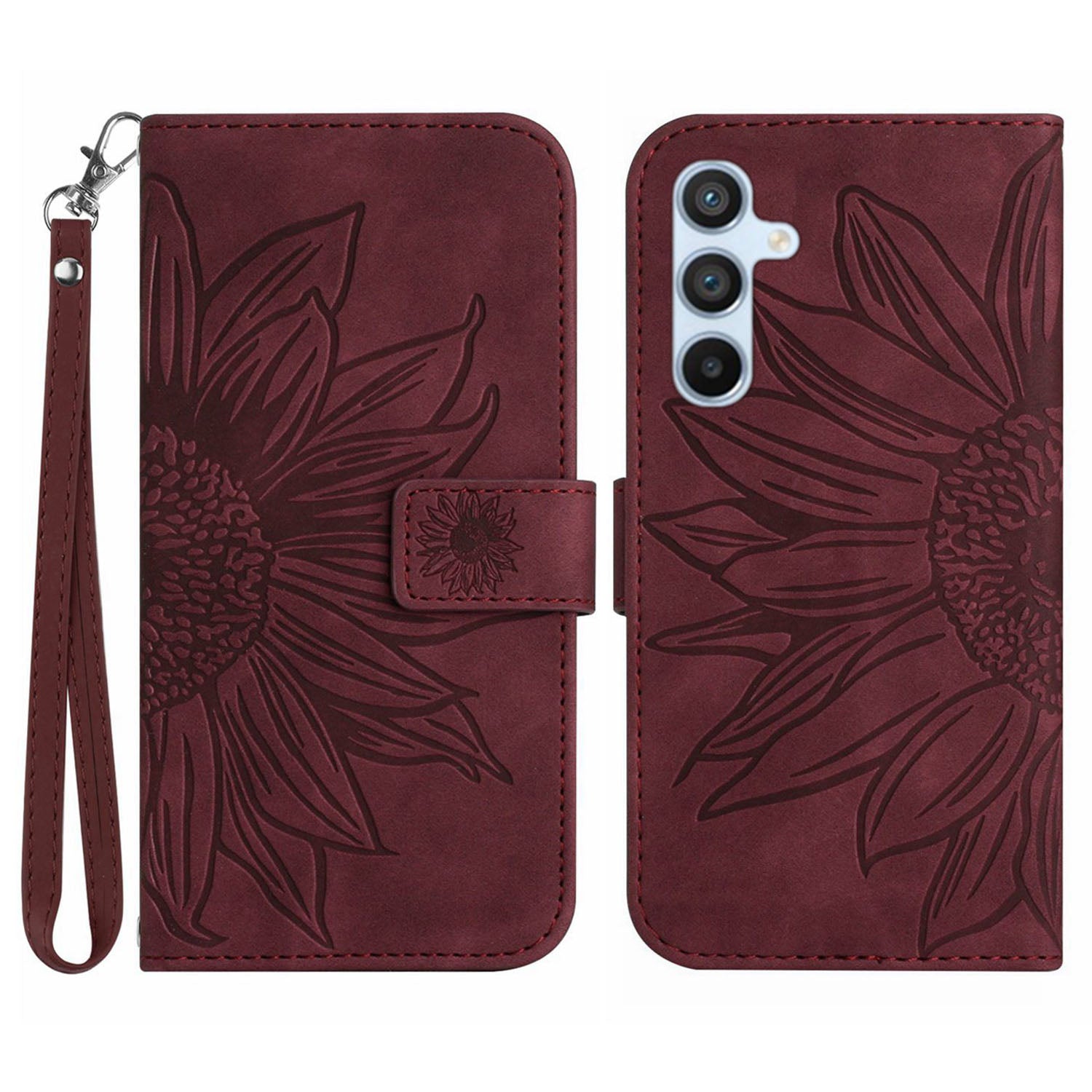 HT04 Leather Phone Case for Samsung Galaxy S23 FE Sunflower Pattern Flip Wallet Stand Cover with Hand Strap