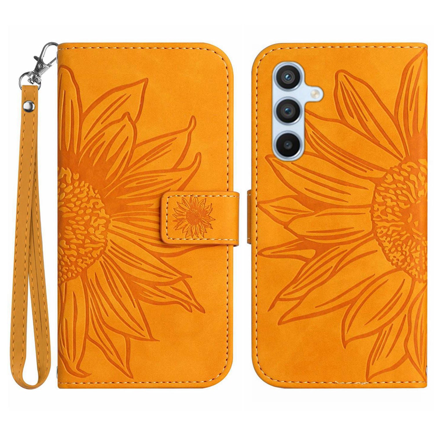 HT04 Leather Phone Case for Samsung Galaxy S23 FE Sunflower Pattern Flip Wallet Stand Cover with Hand Strap