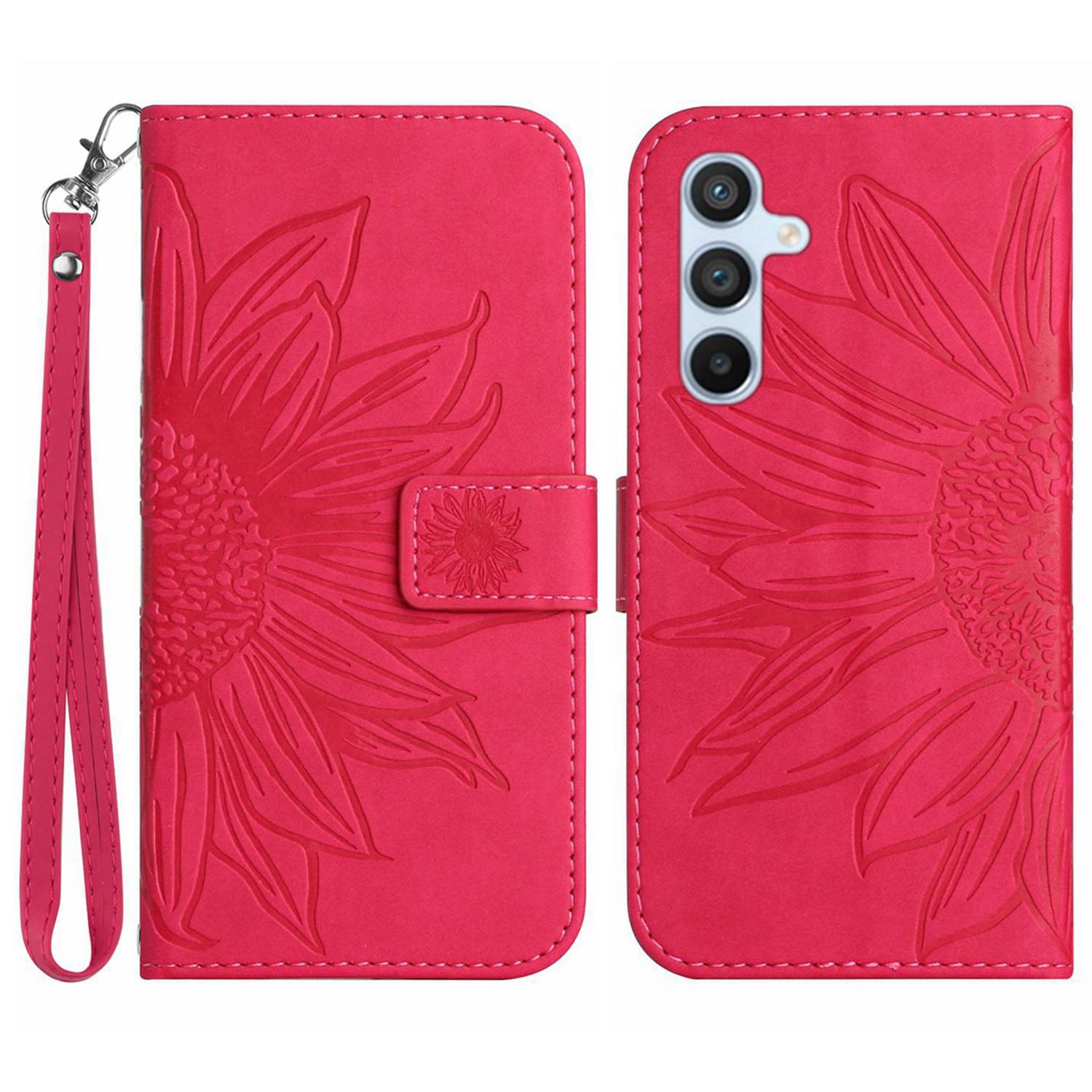 HT04 Leather Phone Case for Samsung Galaxy S23 FE Sunflower Pattern Flip Wallet Stand Cover with Hand Strap