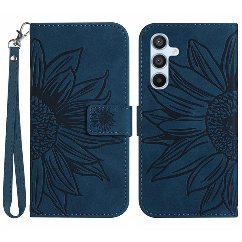 HT04 Leather Phone Case for Samsung Galaxy S23 FE Sunflower Pattern Flip Wallet Stand Cover with Hand Strap