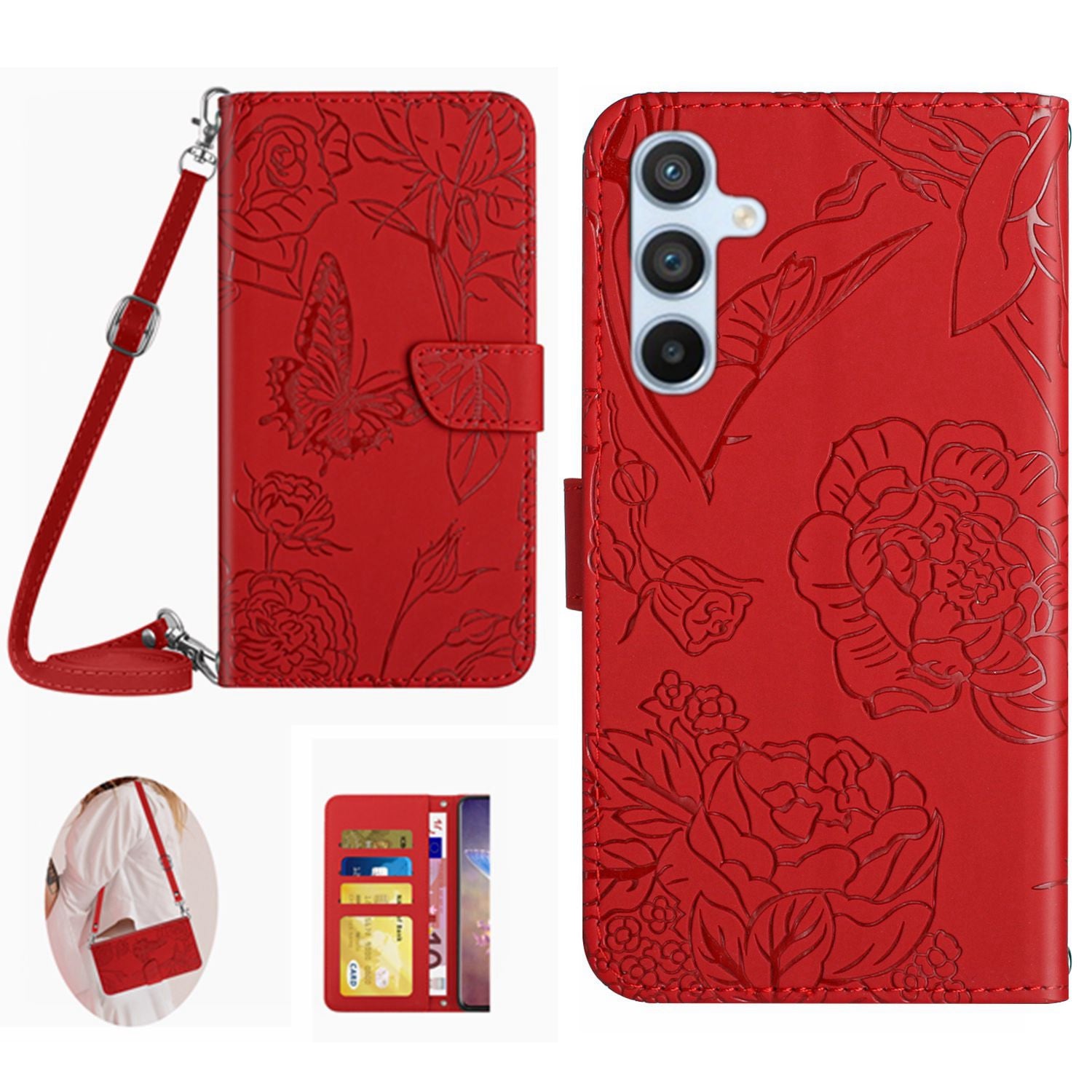 HT03 For Samsung Galaxy S23 FE Skin-touch Phone Case Imprinted Butterfly Flowers Stand Cover with Shoulder Strap