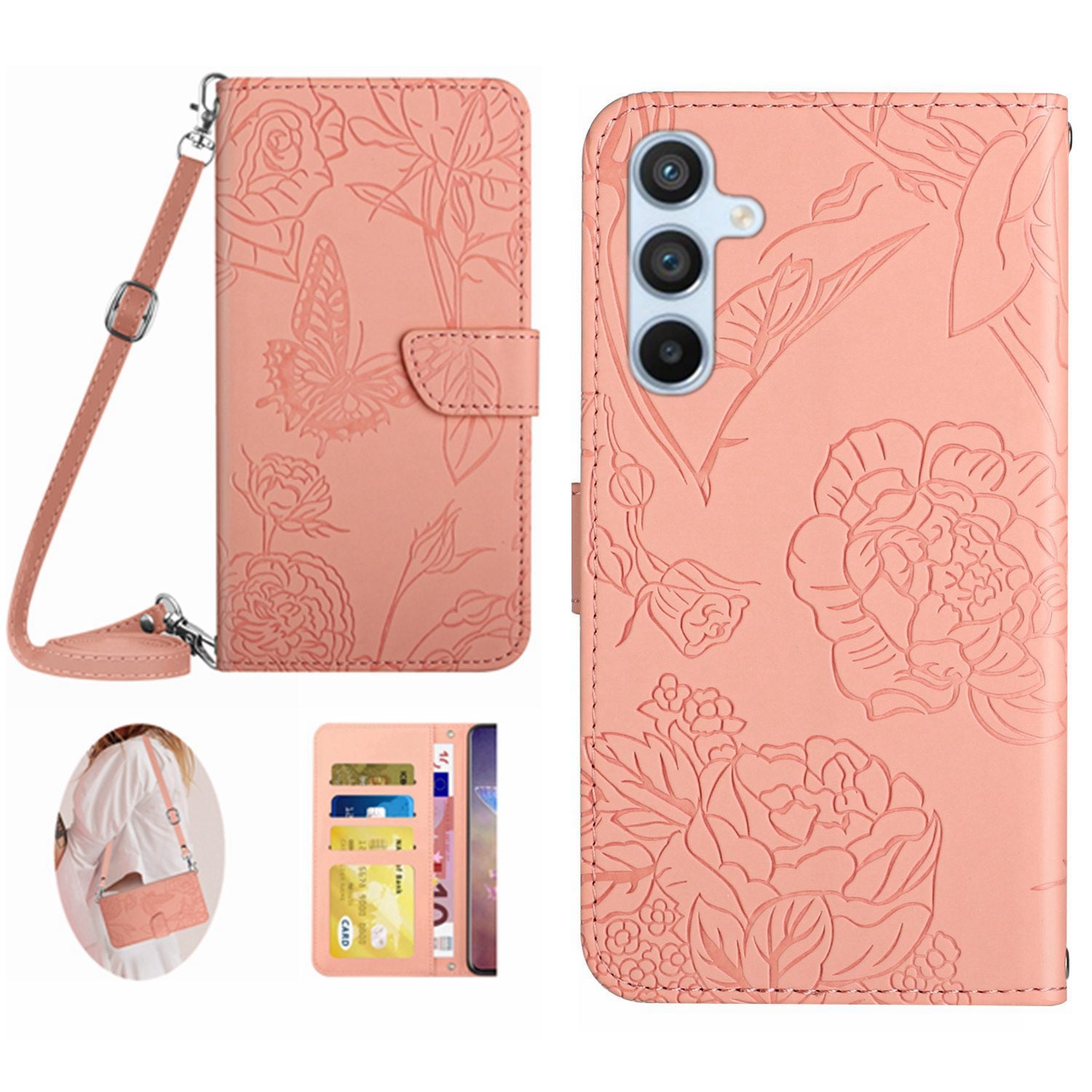 HT03 For Samsung Galaxy S23 FE Skin-touch Phone Case Imprinted Butterfly Flowers Stand Cover with Shoulder Strap