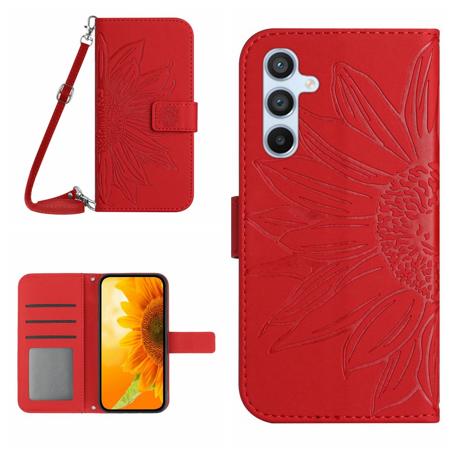 HT04 For Samsung Galaxy S23 FE Leather Wallet Stand Shell Sunflower Imprint Phone Case with Shoulder Strap