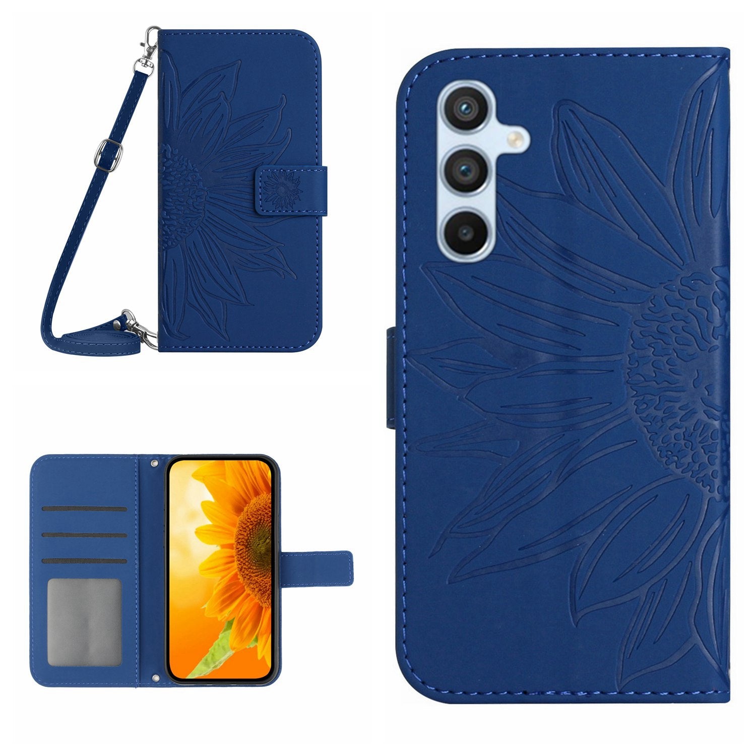 HT04 For Samsung Galaxy S23 FE Leather Wallet Stand Shell Sunflower Imprint Phone Case with Shoulder Strap