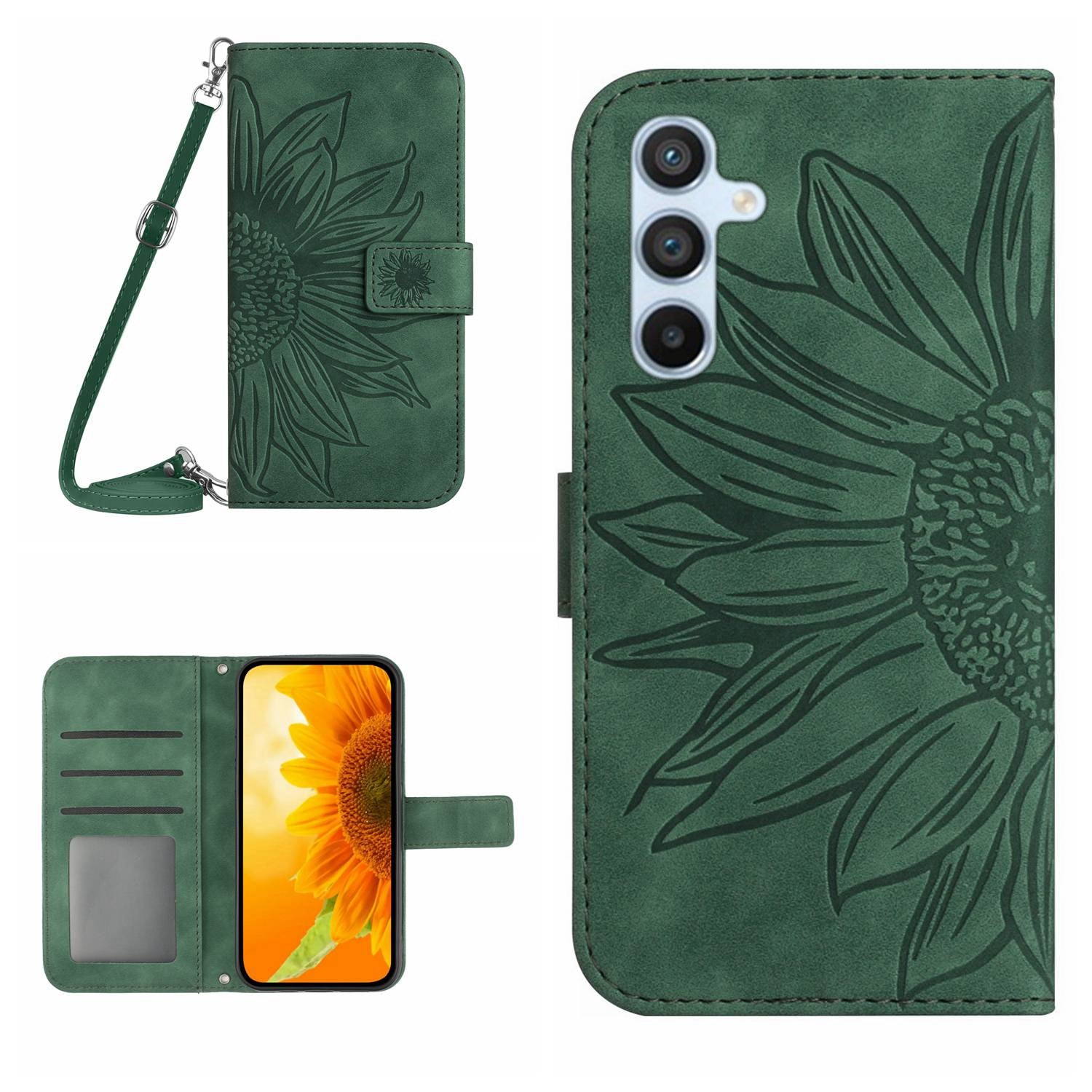 HT04 For Samsung Galaxy S23 FE Leather Wallet Stand Shell Sunflower Imprint Phone Case with Shoulder Strap