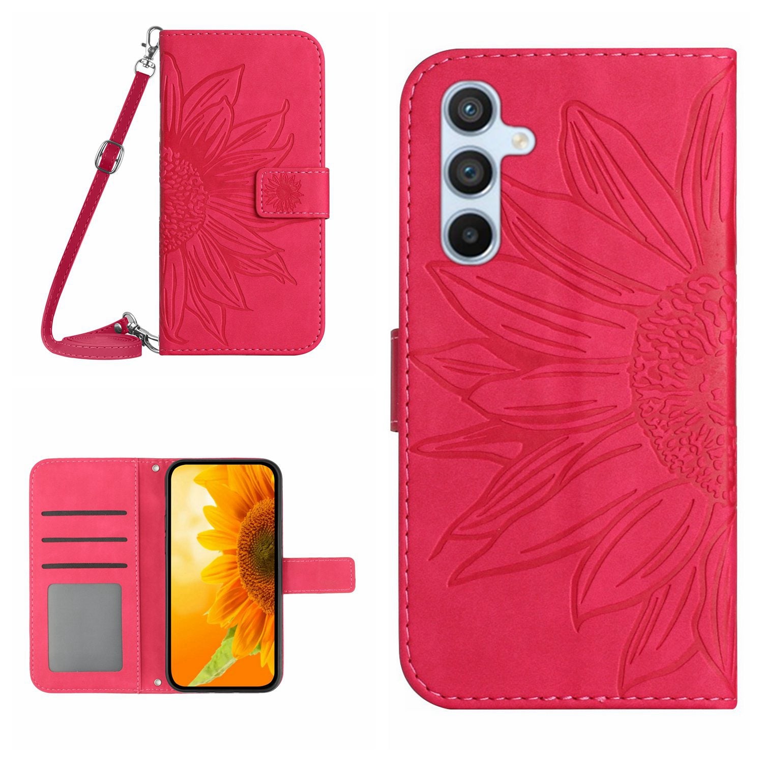 HT04 For Samsung Galaxy S23 FE Leather Wallet Stand Shell Sunflower Imprint Phone Case with Shoulder Strap