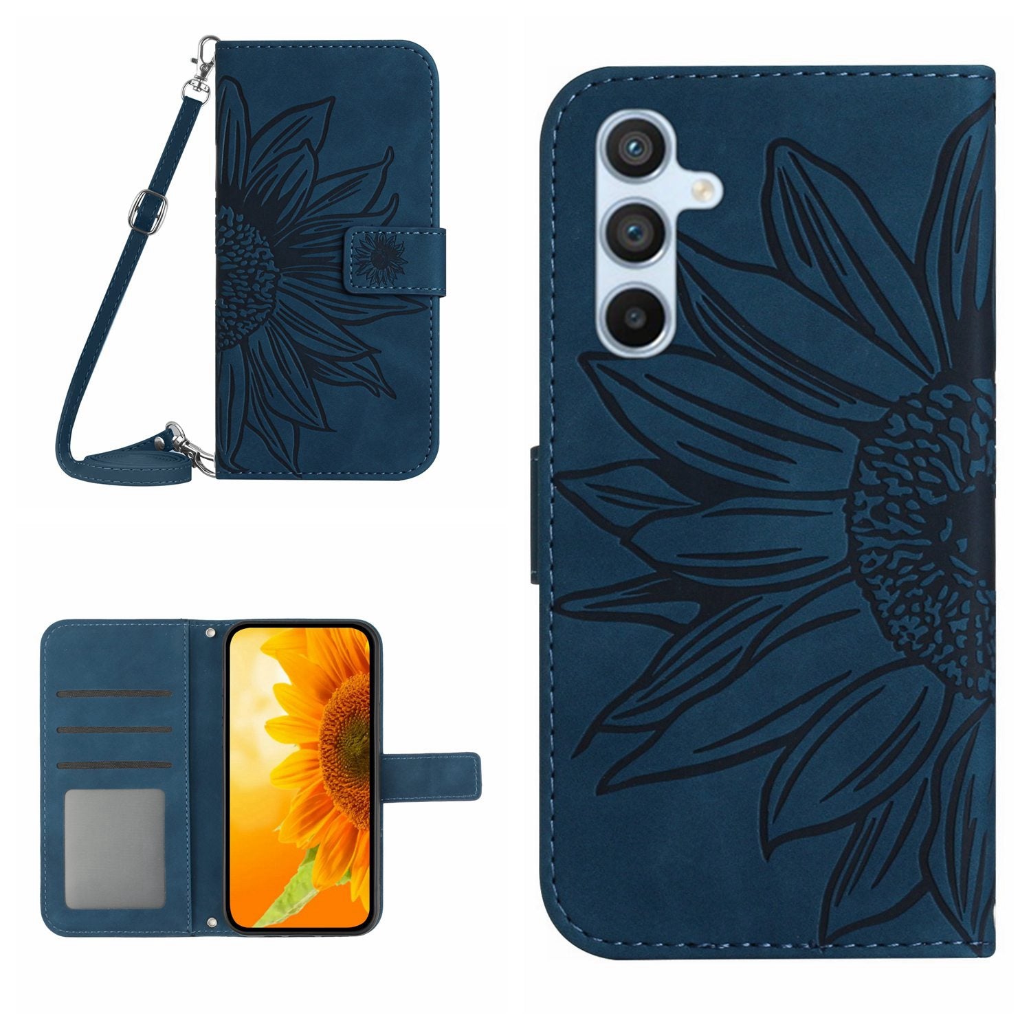 HT04 For Samsung Galaxy S23 FE Leather Wallet Stand Shell Sunflower Imprint Phone Case with Shoulder Strap