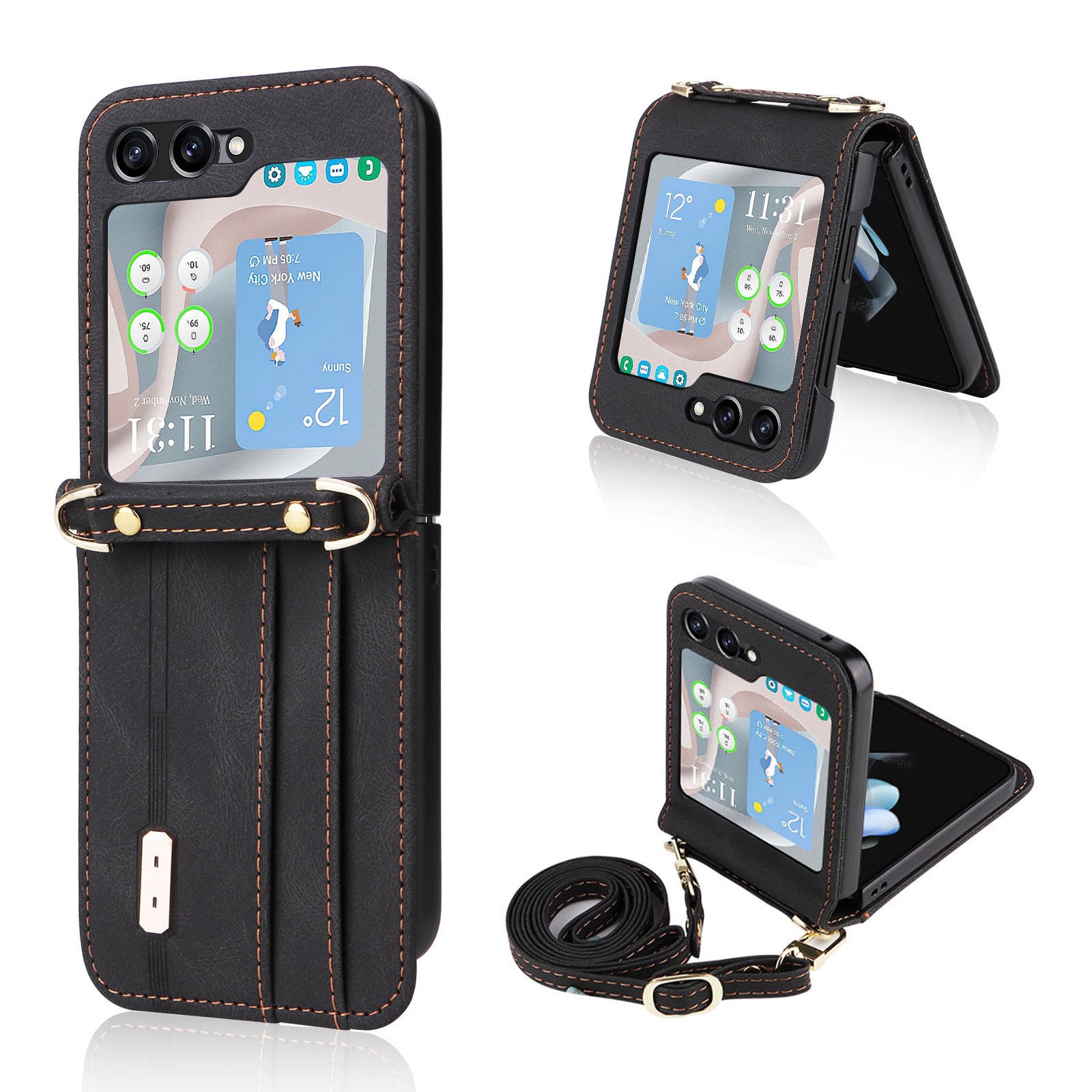 For Samsung Galaxy Z Flip5 5G PU Leather Coated PC Cover Card Holder Folding Phone Case with Long Lanyard