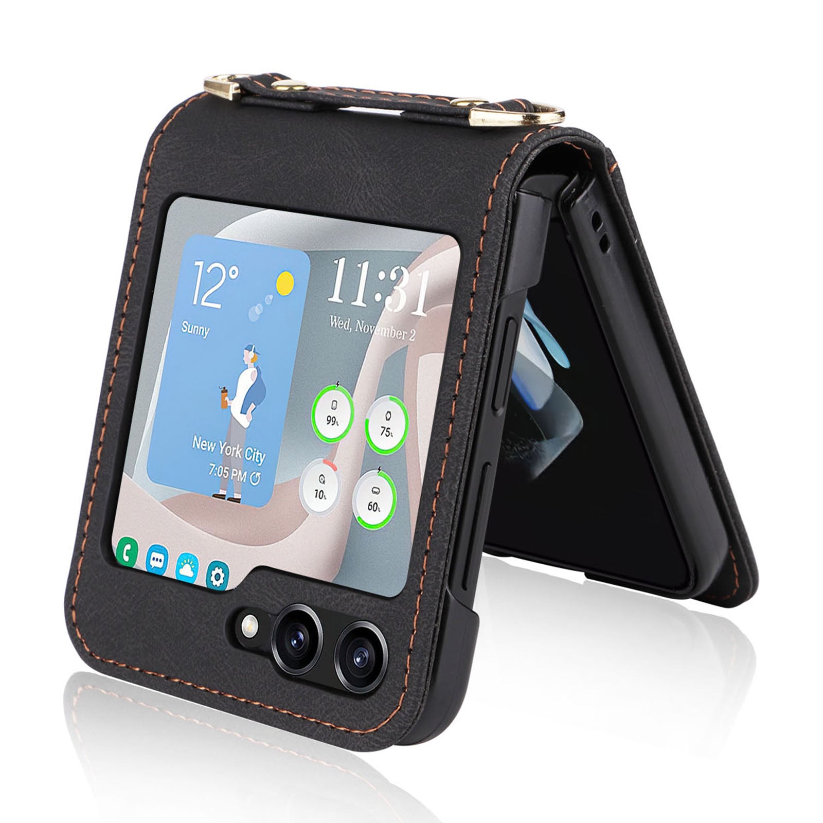 For Samsung Galaxy Z Flip5 5G PU Leather Coated PC Cover Card Holder Folding Phone Case with Long Lanyard