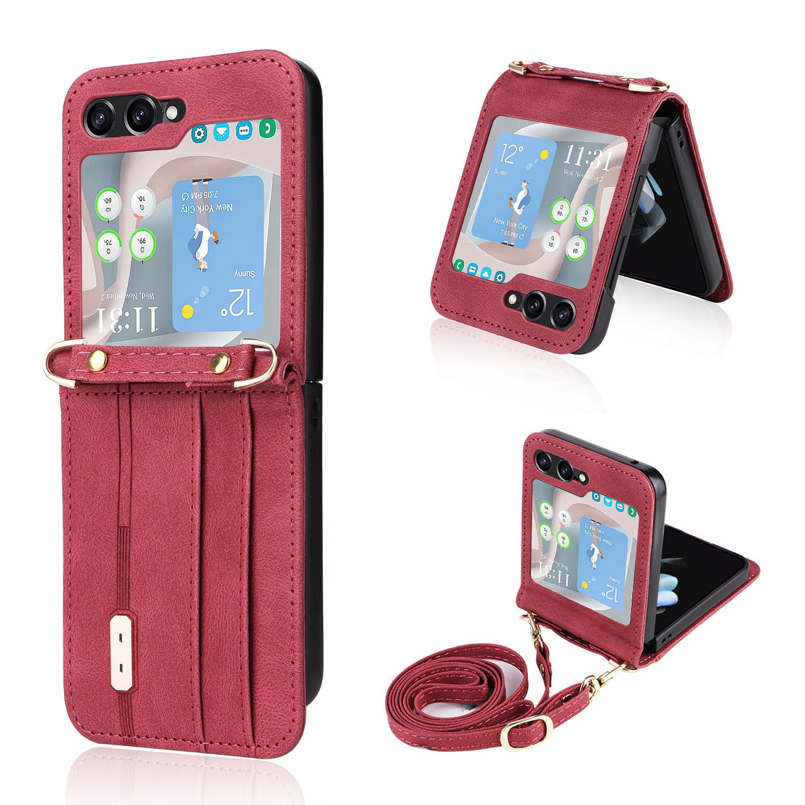 For Samsung Galaxy Z Flip5 5G PU Leather Coated PC Cover Card Holder Folding Phone Case with Long Lanyard