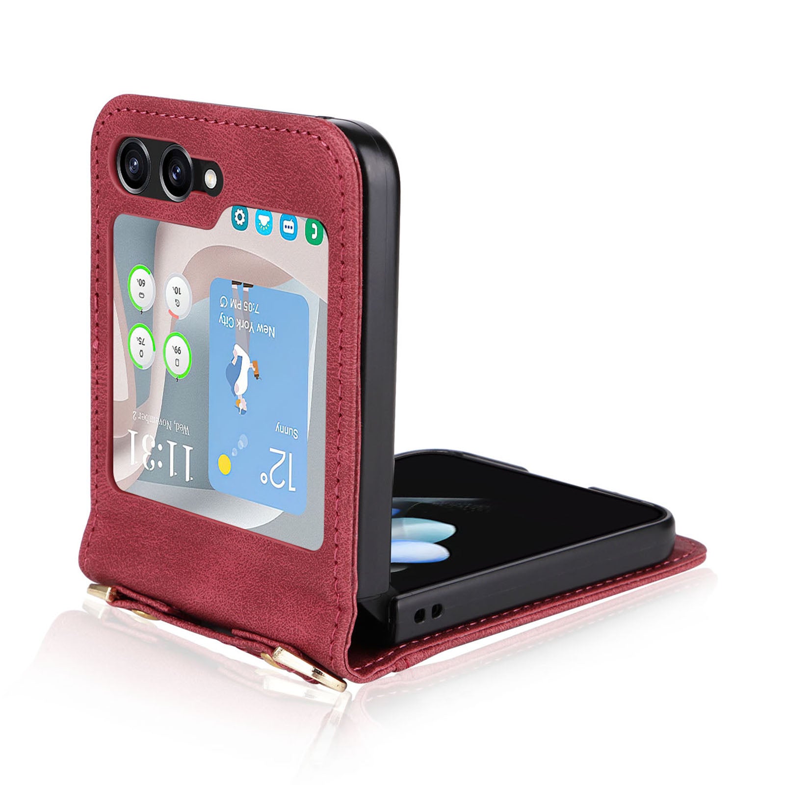 For Samsung Galaxy Z Flip5 5G PU Leather Coated PC Cover Card Holder Folding Phone Case with Long Lanyard