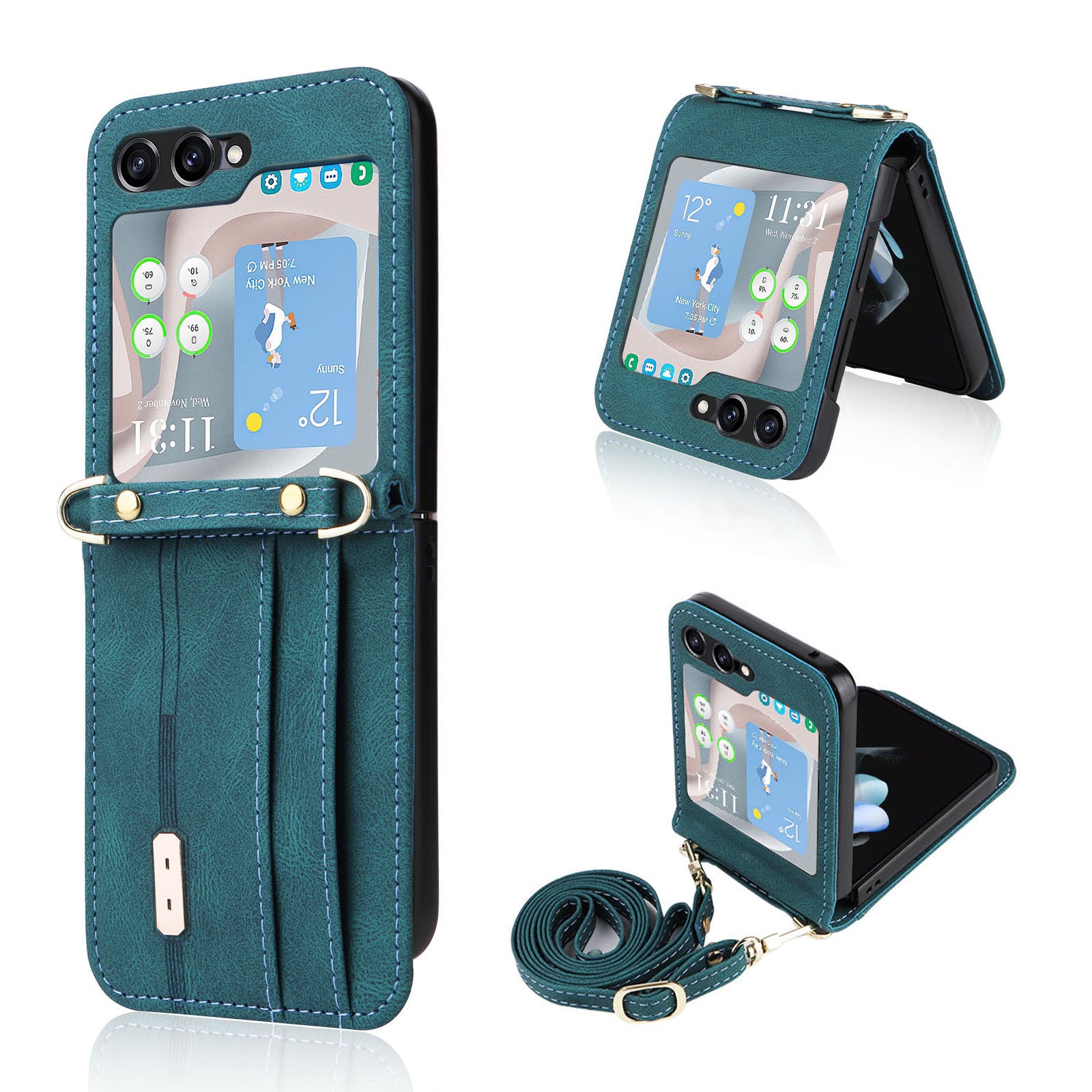 For Samsung Galaxy Z Flip5 5G PU Leather Coated PC Cover Card Holder Folding Phone Case with Long Lanyard
