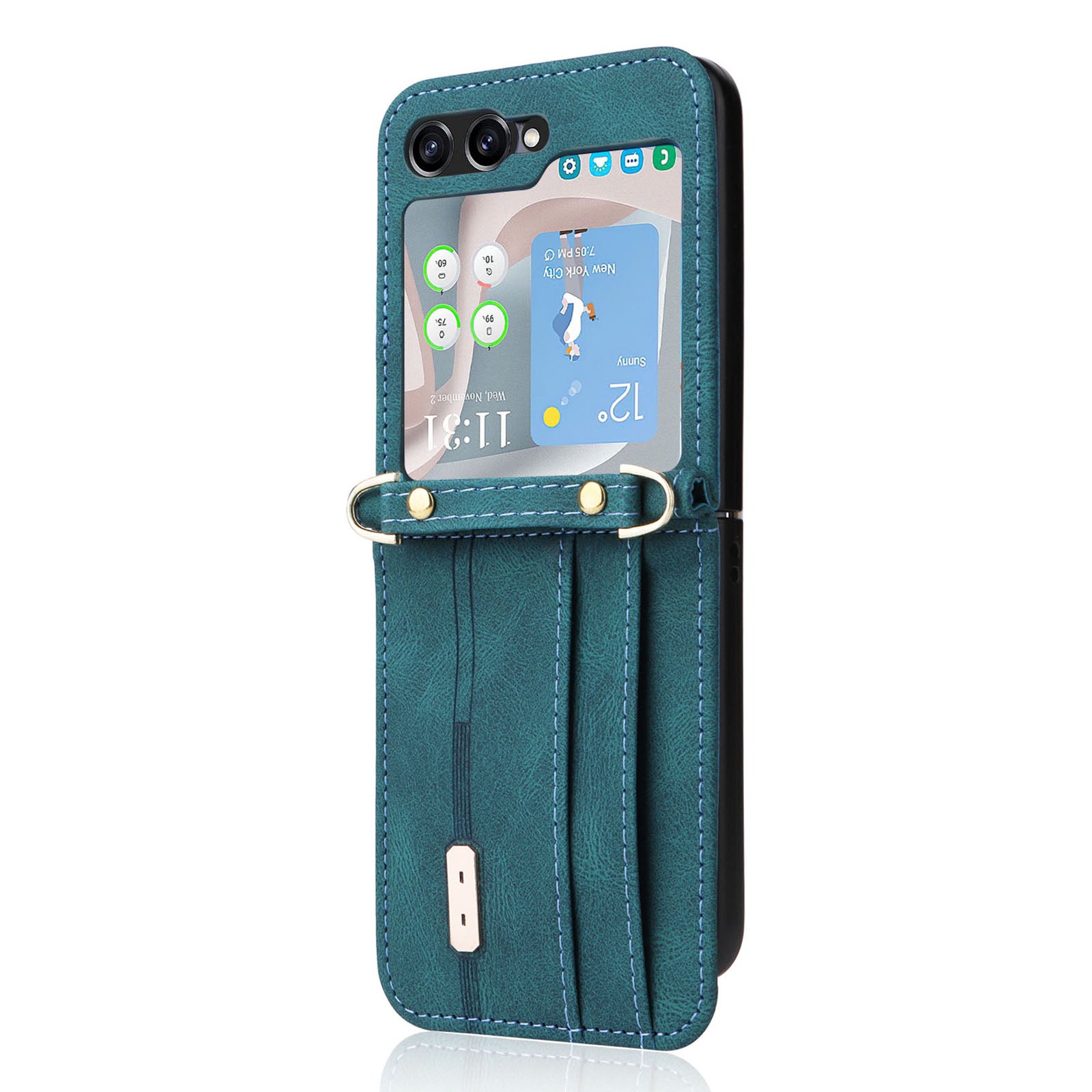 For Samsung Galaxy Z Flip5 5G PU Leather Coated PC Cover Card Holder Folding Phone Case with Long Lanyard