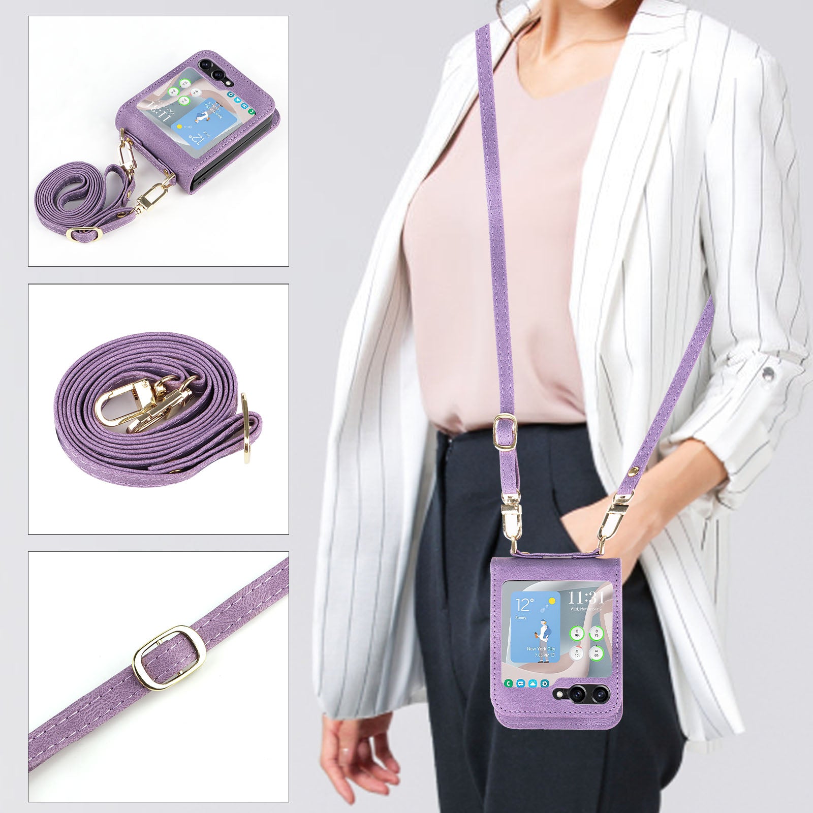 For Samsung Galaxy Z Flip5 5G PU Leather Coated PC Cover Card Holder Folding Phone Case with Long Lanyard