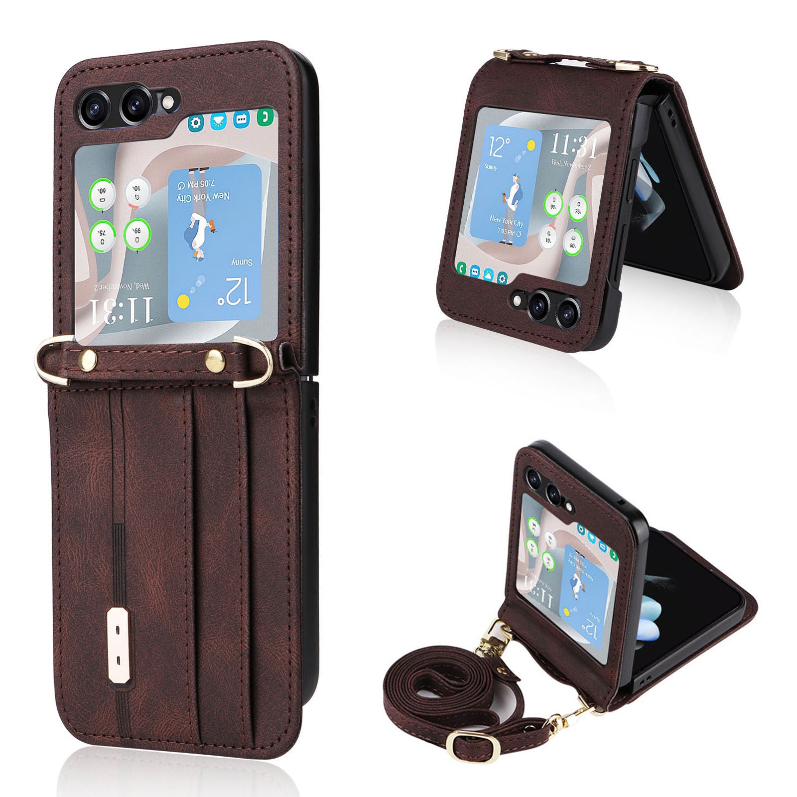 For Samsung Galaxy Z Flip5 5G PU Leather Coated PC Cover Card Holder Folding Phone Case with Long Lanyard