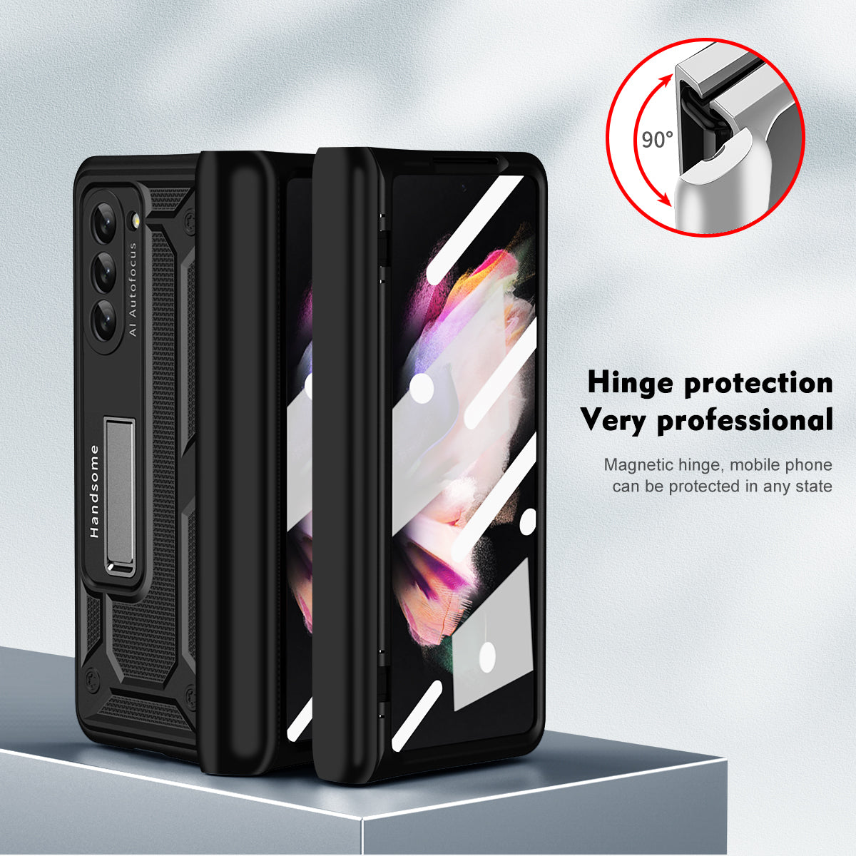 For Samsung Galaxy Z Fold5 5G Hard PC Hinge Protection Case Magnetic Kickstand Phone Cover with Tempered Glass Film