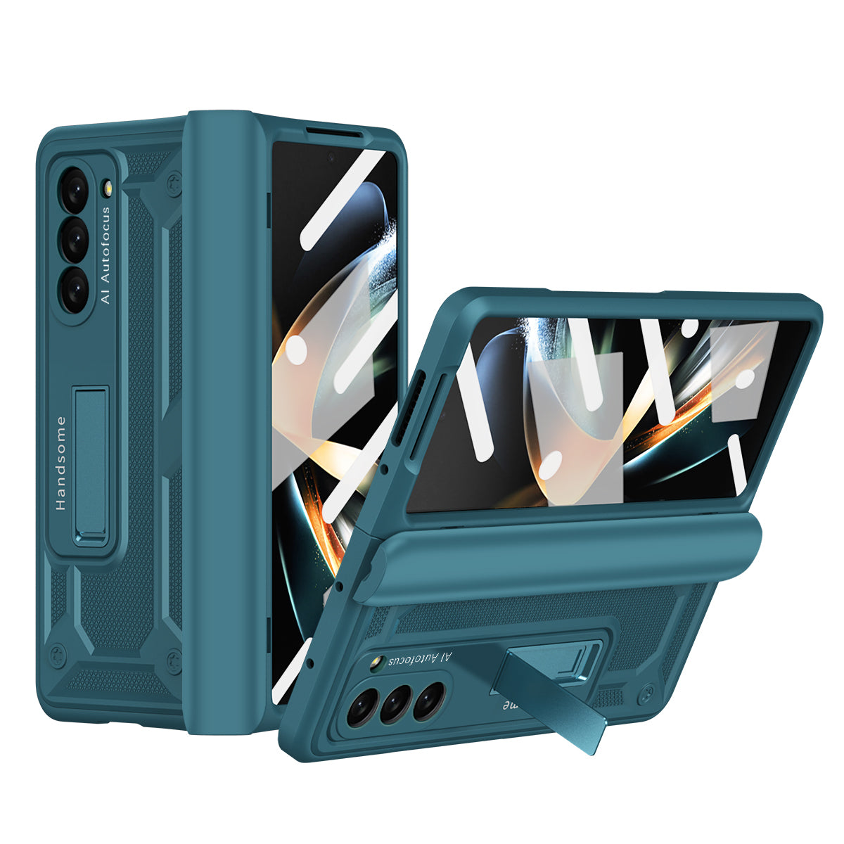 For Samsung Galaxy Z Fold5 5G Hard PC Hinge Protection Case Magnetic Kickstand Phone Cover with Tempered Glass Film