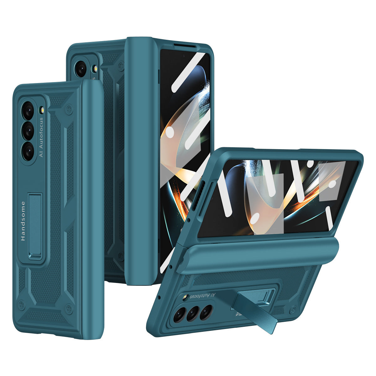For Samsung Galaxy Z Fold5 5G Hard PC Hinge Protection Case Magnetic Kickstand Phone Cover with Tempered Glass Film