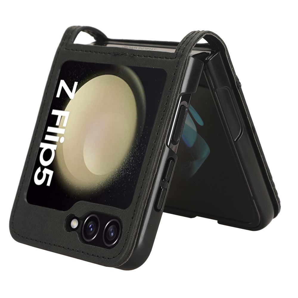 For Samsung Galaxy Z Flip5 5G Retro Texture Phone Case PU Leather Hard PC One-Piece Design Cover with Card Slot