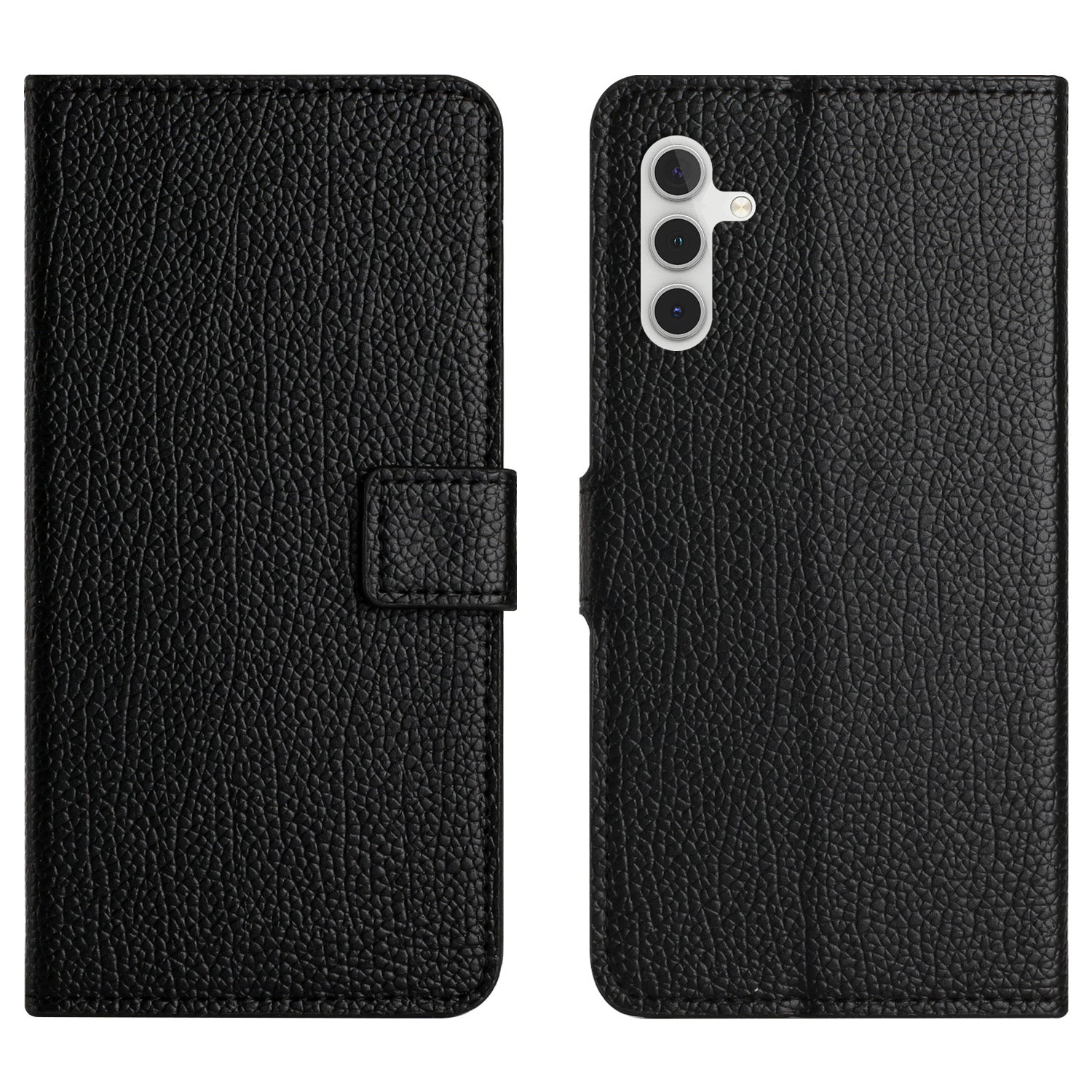 For Samsung Galaxy A25 5G Anti-Fingerprint Phone Case Litchi Texture PU Leather Wallet Stand Cover - Black