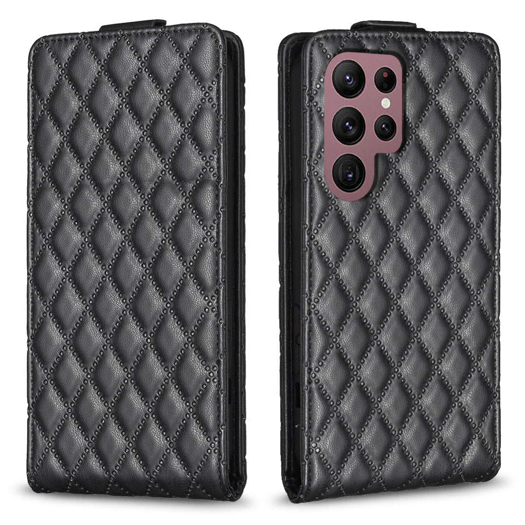 BF30 Imprinted Shell for Samsung Galaxy S22 Ultra 5G Vertical Flip Stand Case with Card Slots Leather Phone Cover