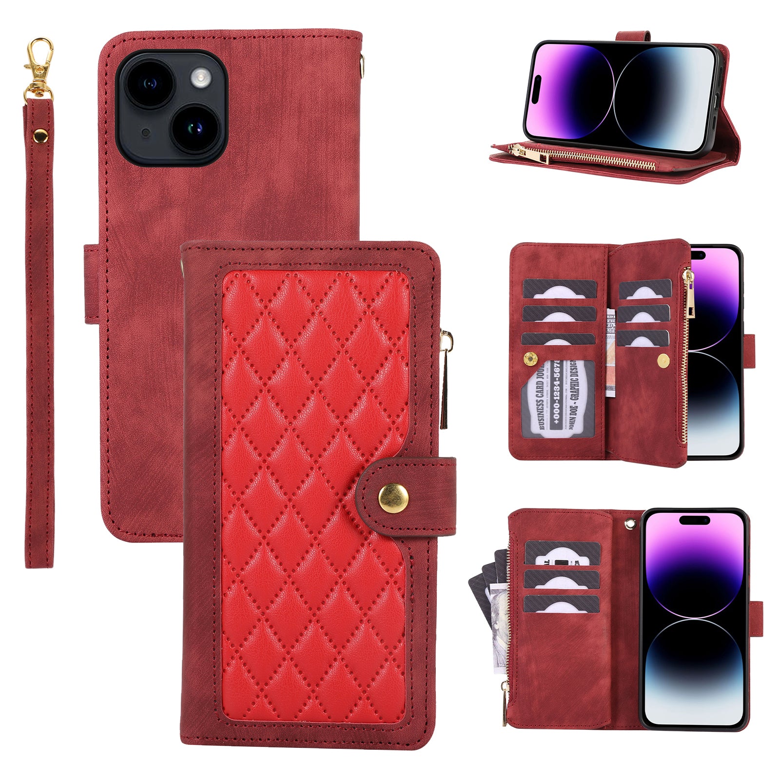 For iPhone 15 Zipper Pocket Phone Shell Splicing Style PU Leather Case Phone Cover with Multiple Card Slots