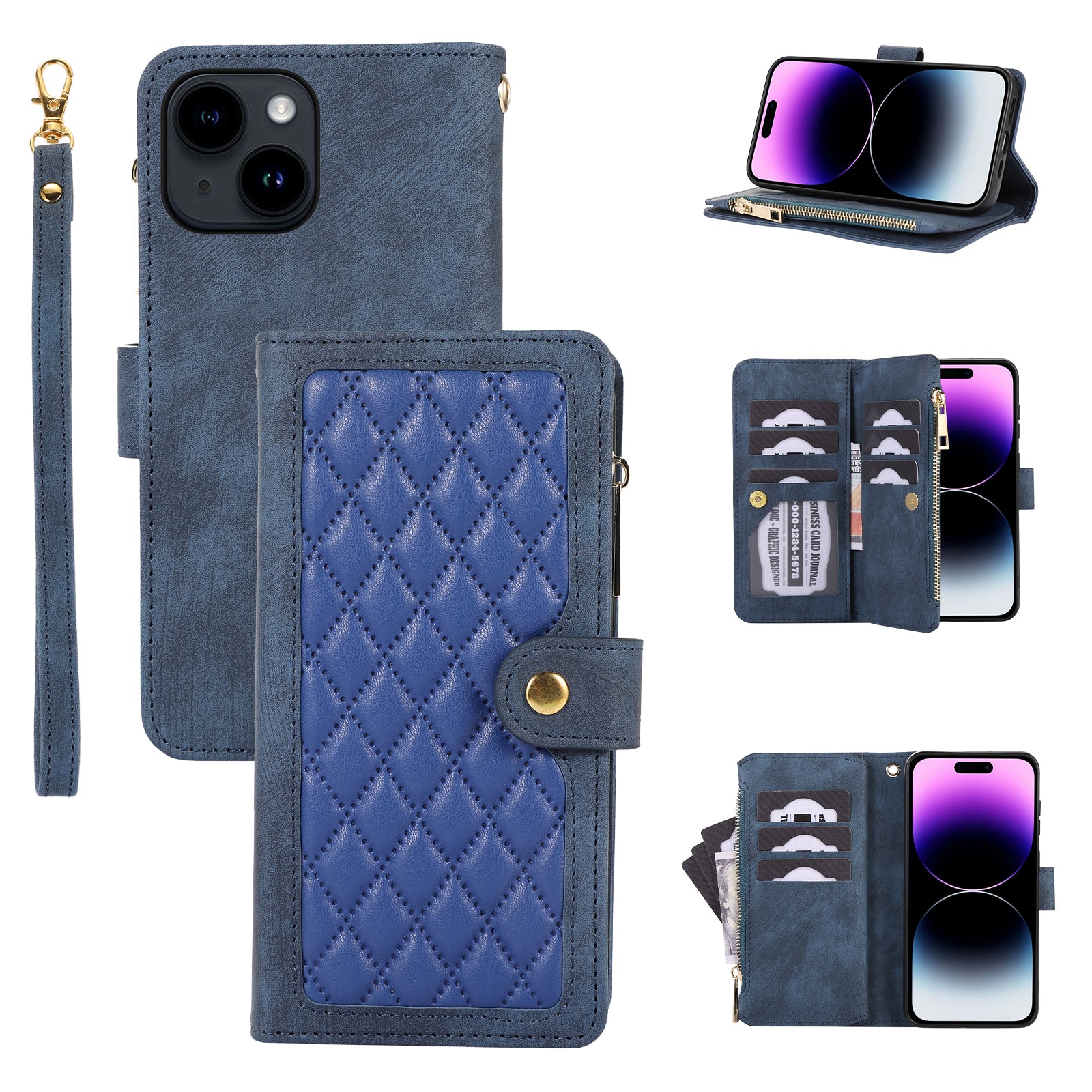 For iPhone 15 Zipper Pocket Phone Shell Splicing Style PU Leather Case Phone Cover with Multiple Card Slots