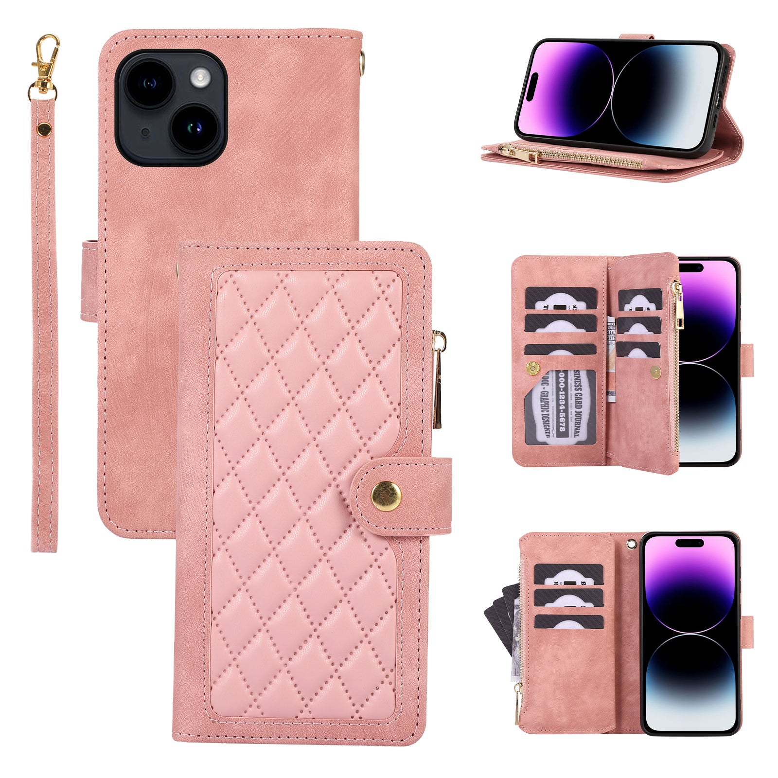 Til iPhone 15 Plus splejsningsstil PU-læderetui Lynlåslomme Rhombus telefoncover med flere kortpladser