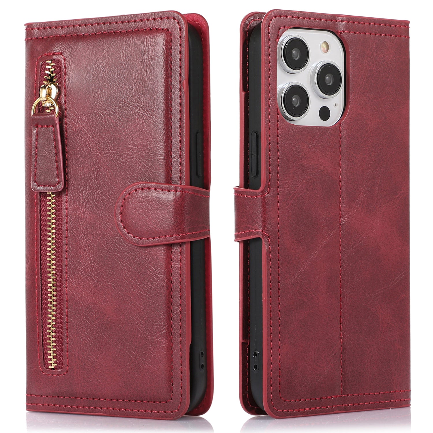 Til iPhone 15 Pro Max Wallet Drop-proof PU-læderetui Lynlåslomme Flip Stand Telefoncover