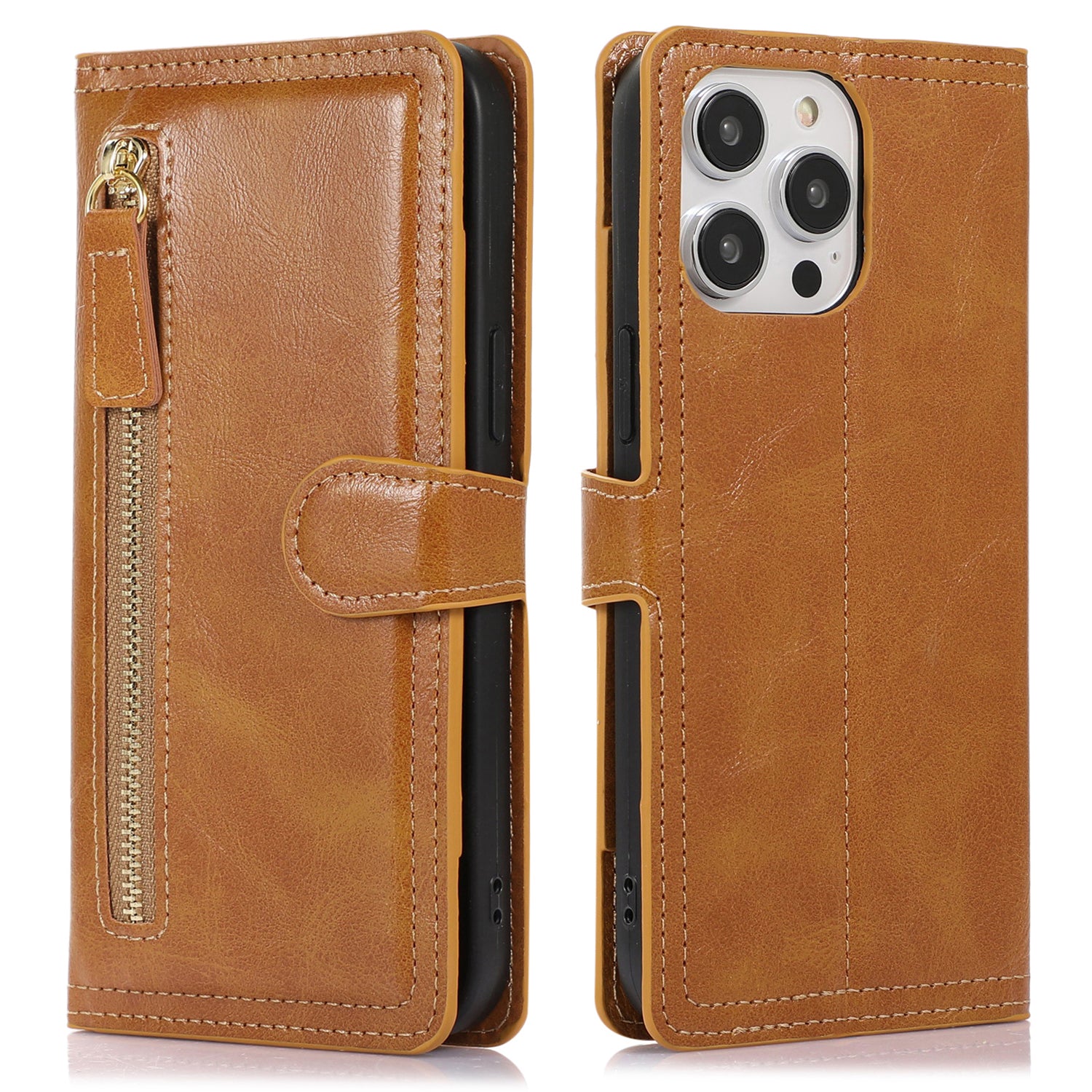 For iPhone 15 Pro Shockproof PU Leather Case Wallet Zipper Pocket Flip Stand Phone Cover