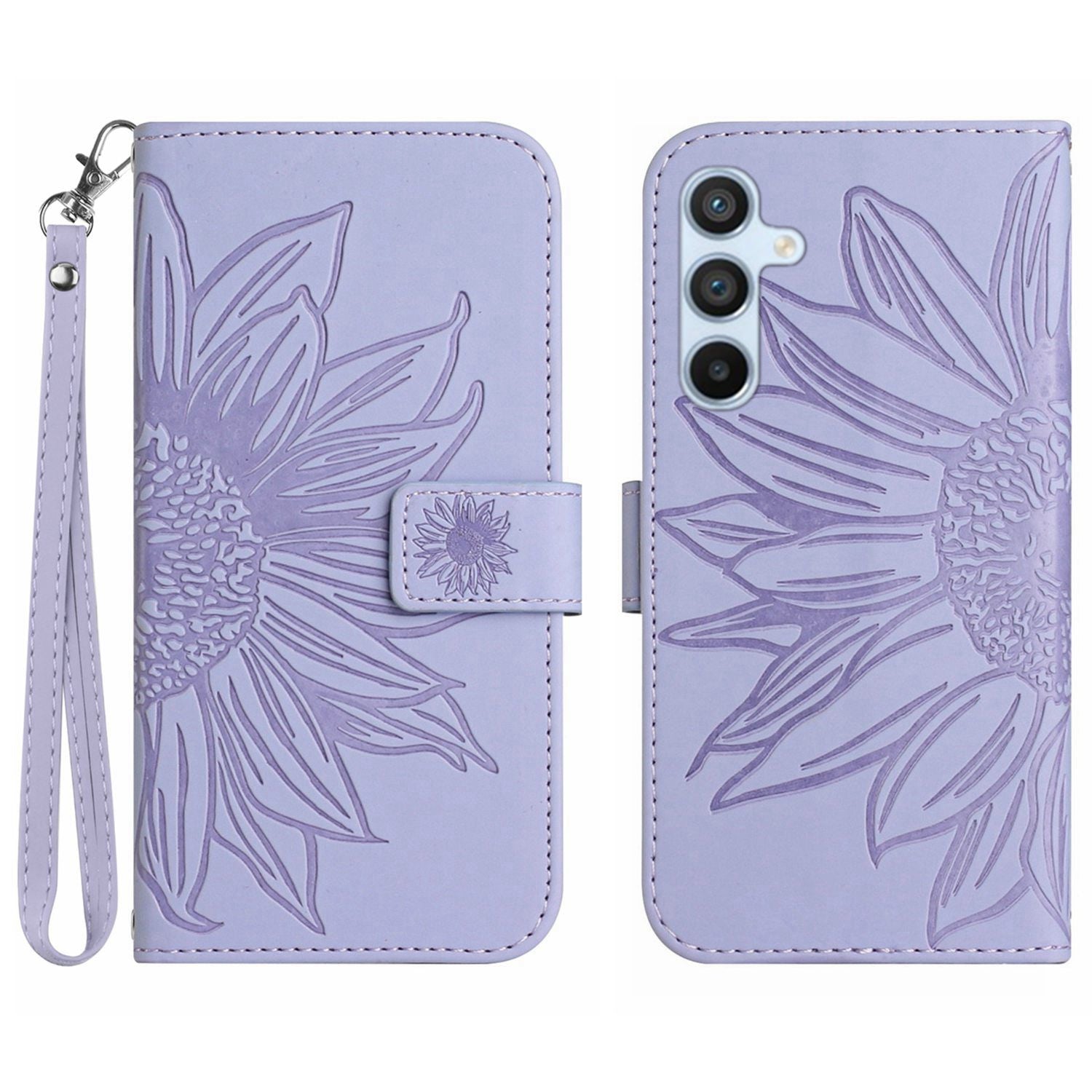 HT04 Leather Wallet Case for Samsung Galaxy A25 5G Stand Sunflower Pattern Phone Cover with Hand Strap