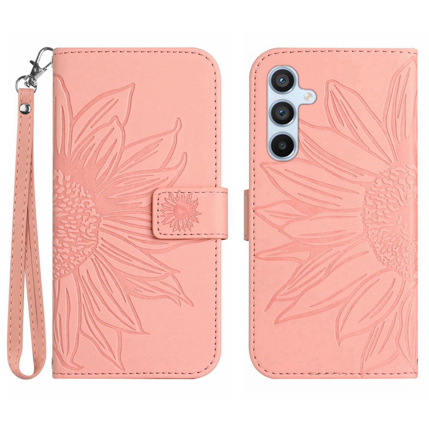 HT04 Leather Wallet Case for Samsung Galaxy A25 5G Stand Sunflower Pattern Phone Cover with Hand Strap