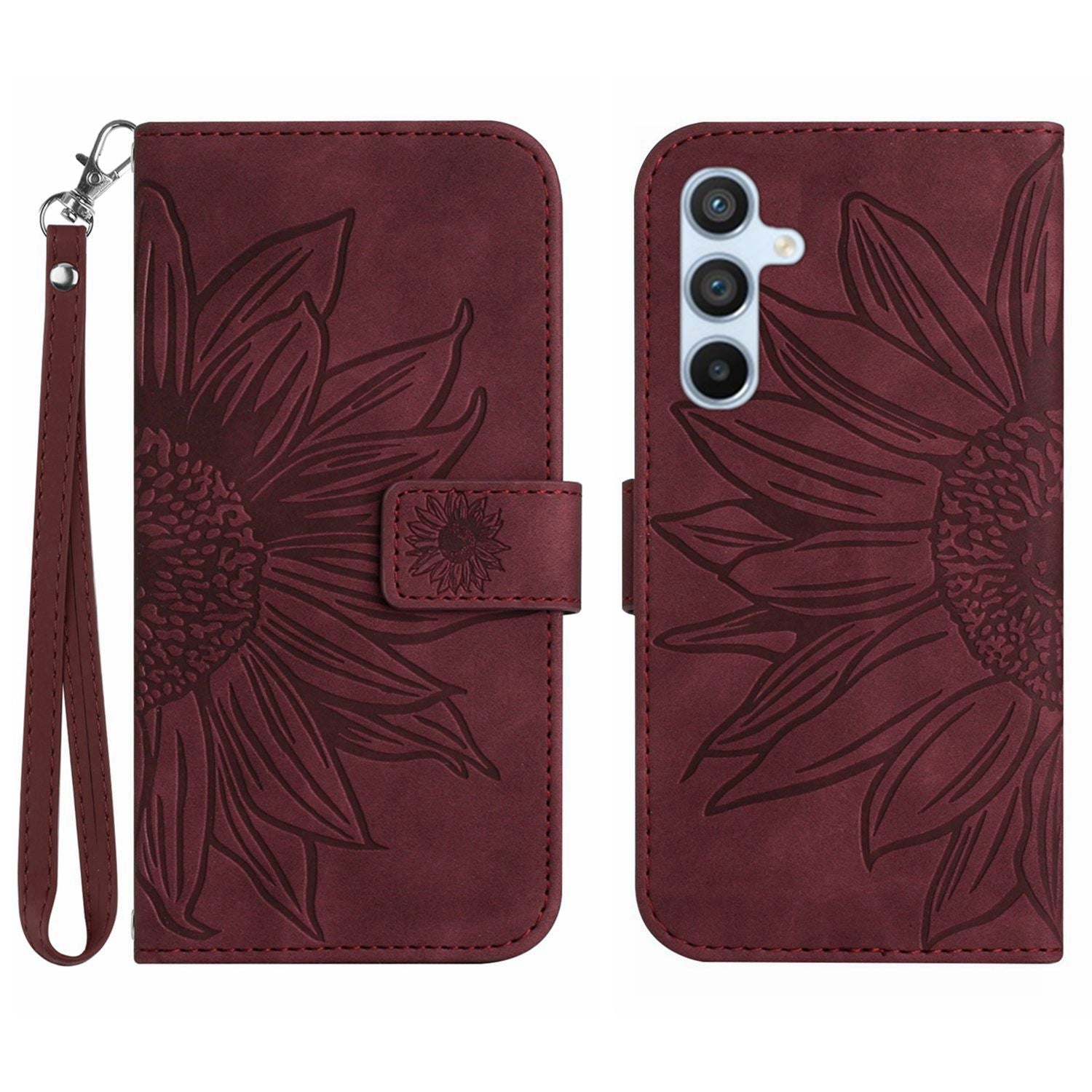 HT04 Leather Wallet Case for Samsung Galaxy A25 5G Stand Sunflower Pattern Phone Cover with Hand Strap