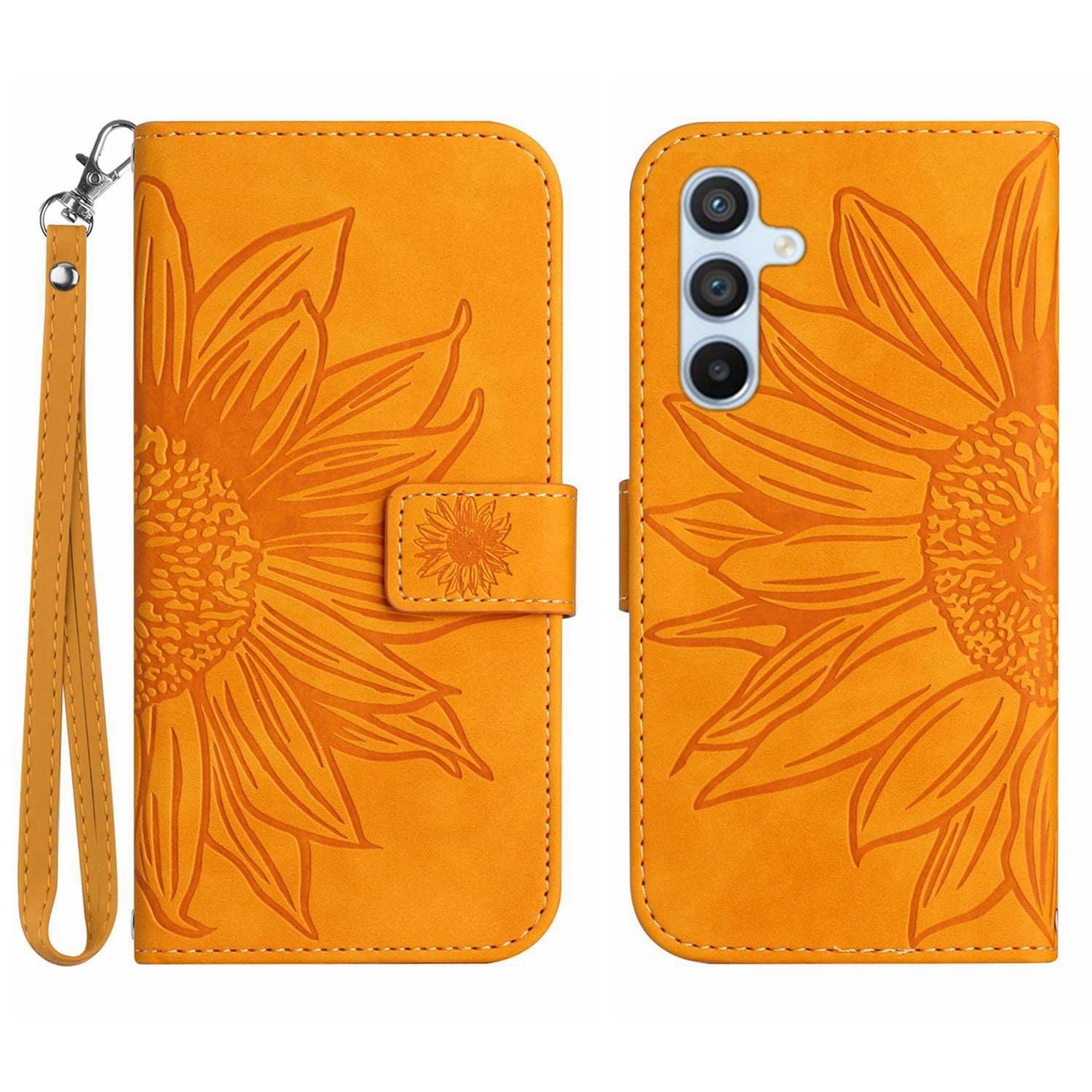 HT04 Leather Wallet Case for Samsung Galaxy A25 5G Stand Sunflower Pattern Phone Cover with Hand Strap