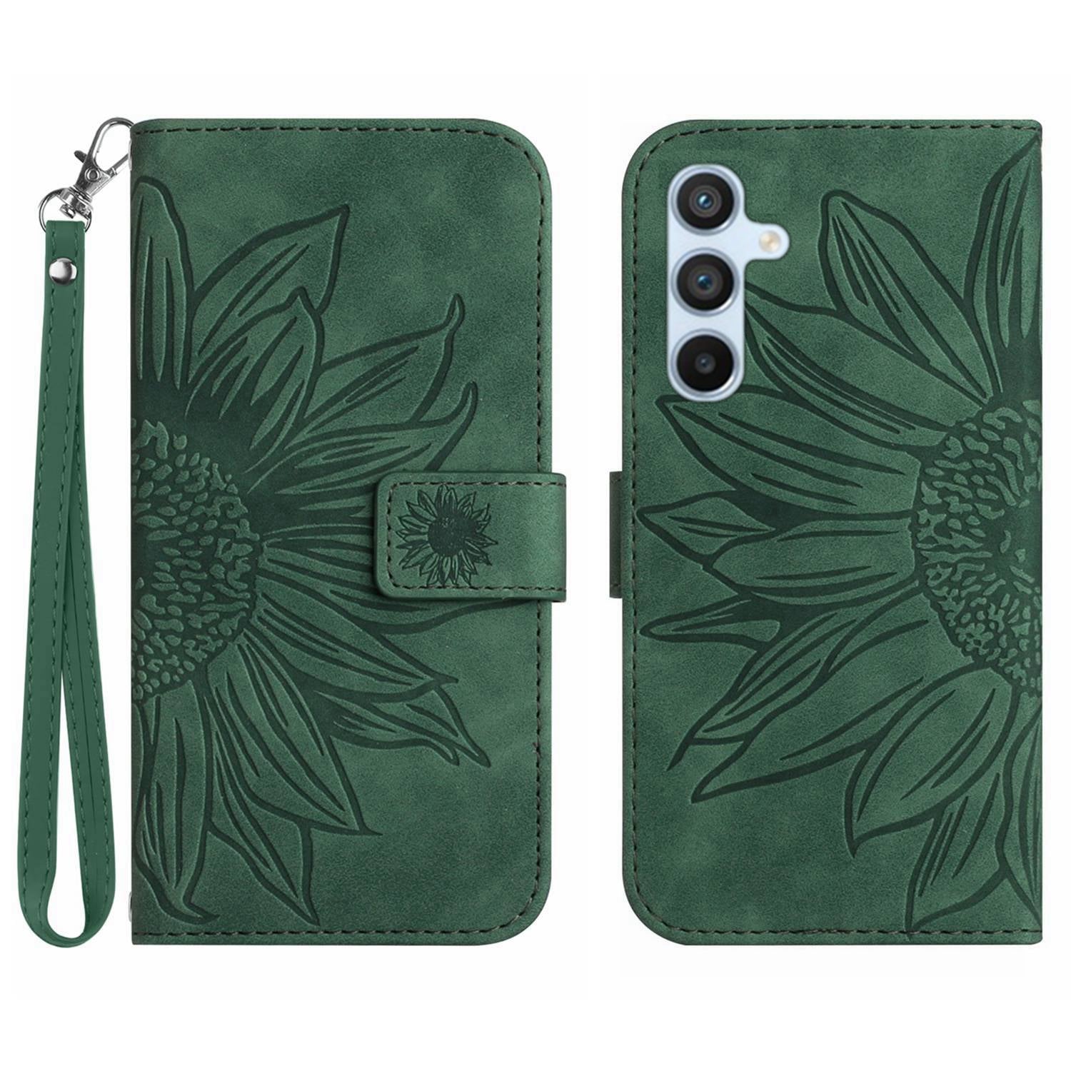 HT04 Leather Wallet Case for Samsung Galaxy A25 5G Stand Sunflower Pattern Phone Cover with Hand Strap