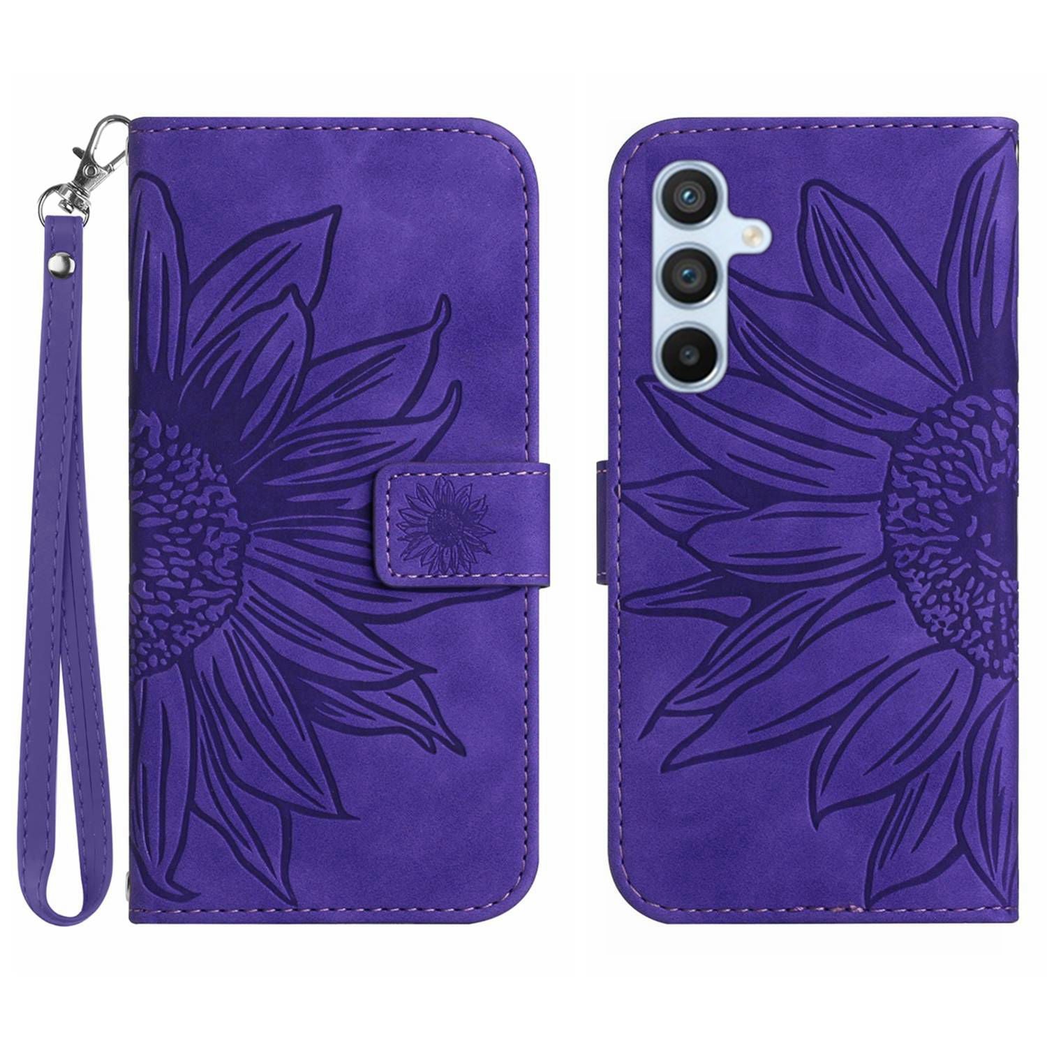 HT04 Leather Wallet Case for Samsung Galaxy A25 5G Stand Sunflower Pattern Phone Cover with Hand Strap
