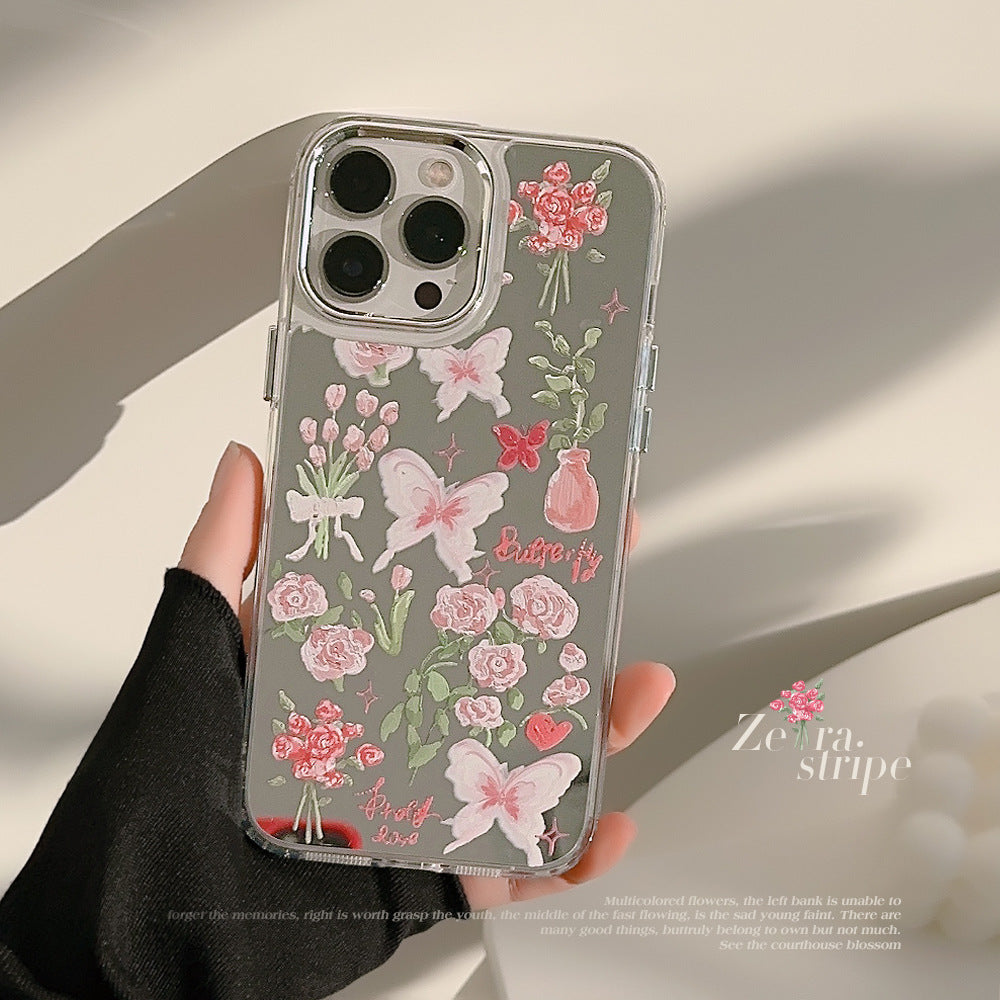 For iPhone 14 Pro Butterfly Rose Flower Pattern Phone Cover Electroplating Mirror Surface Anti-drop TPU Case