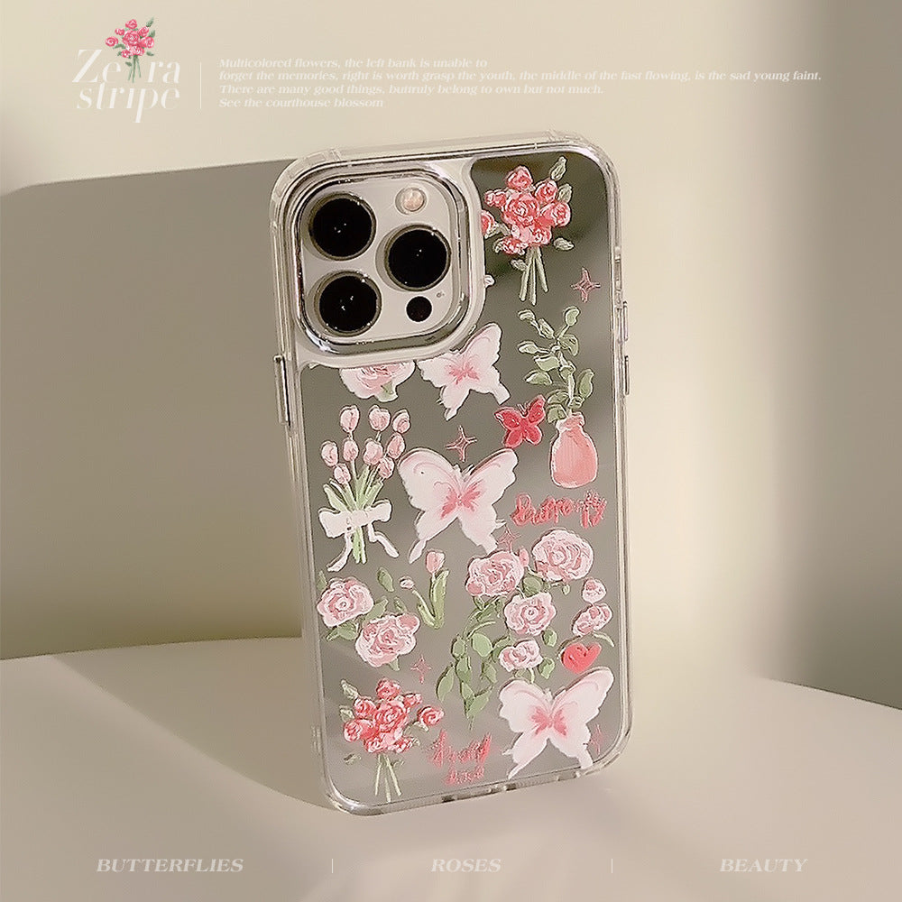 For iPhone 14 Pro Butterfly Rose Flower Pattern Phone Cover Electroplating Mirror Surface Anti-drop TPU Case