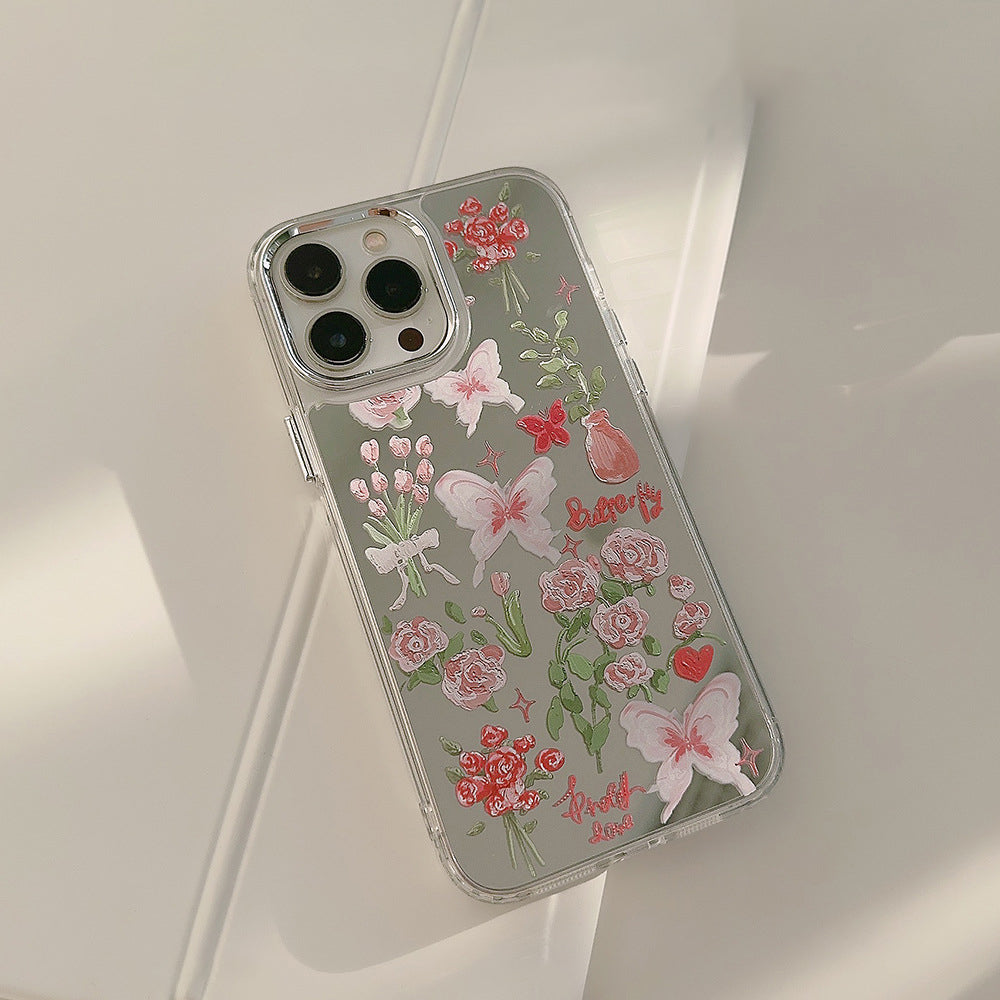 For iPhone 14 Pro Butterfly Rose Flower Pattern Phone Cover Electroplating Mirror Surface Anti-drop TPU Case