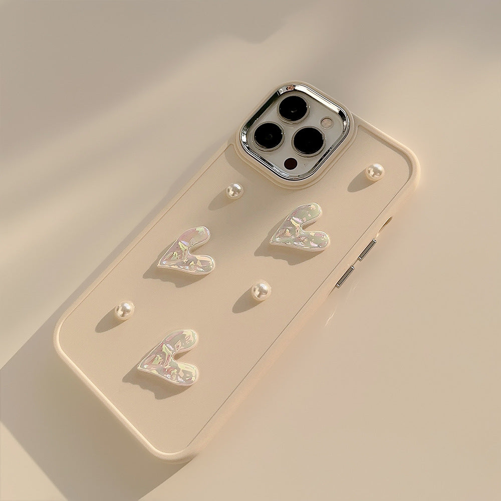 For iPhone 14 Pro Max 3D Heart Pearl Decor TPU Cover Drop Resistant Phone Back Case