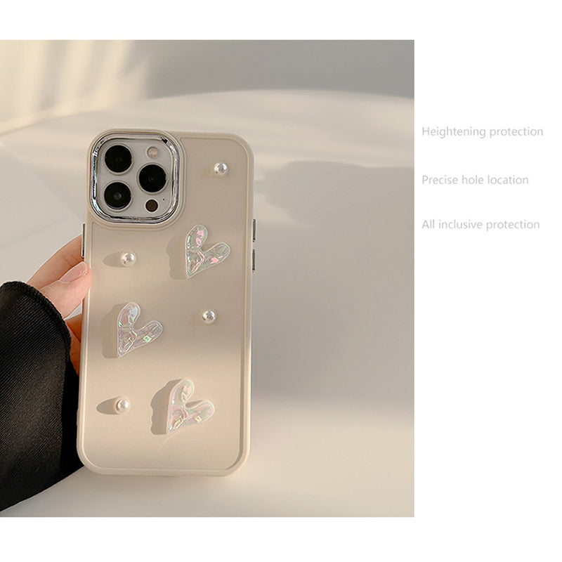 TPU Cover for iPhone 13 Pro Max 6.7 inch 3D Heart Pearl Decor Fall Proof Phone Back Case