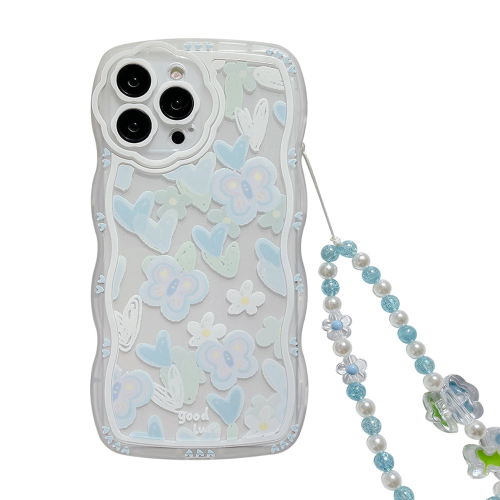 TPU Case for iPhone 14 Pro Heart Shape Butterfly Pattern Clear Phone Cover with Bead Chain