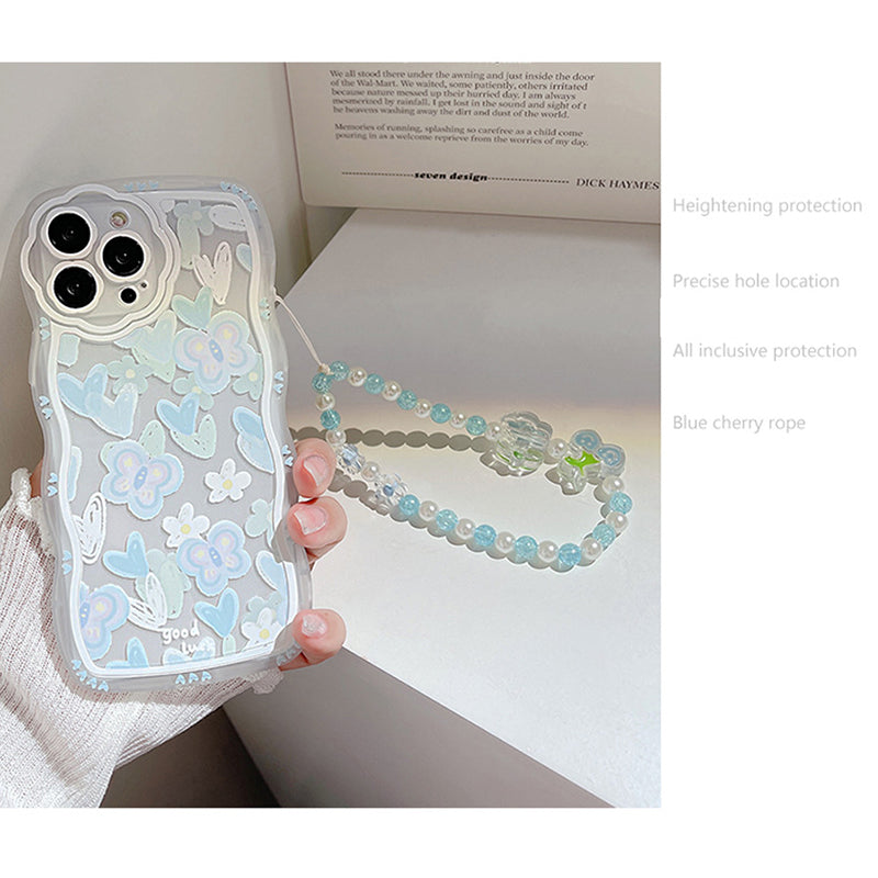 TPU Case for iPhone 14 Pro Heart Shape Butterfly Pattern Clear Phone Cover with Bead Chain