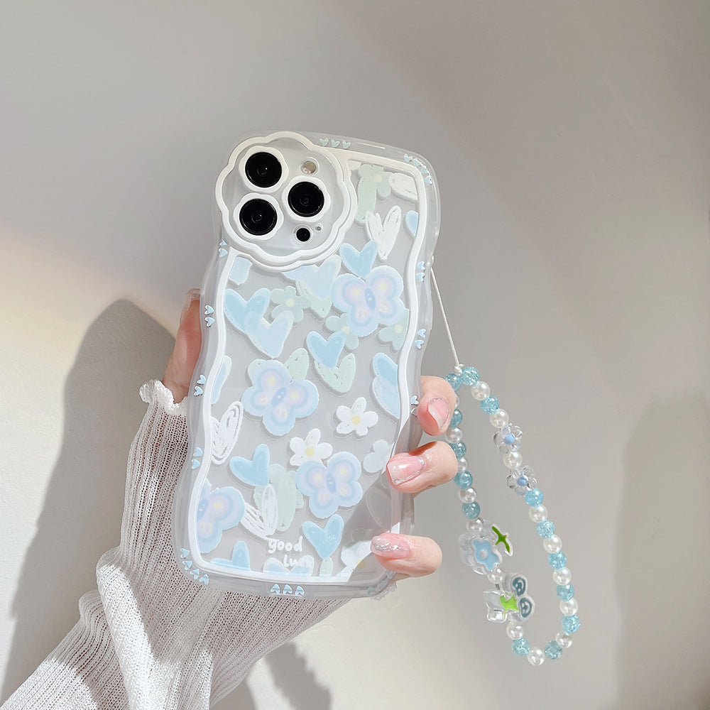For iPhone 14 Pro Max Transparent Phone Case Heart Shape Butterfly Pattern TPU Cover with Bead Chain