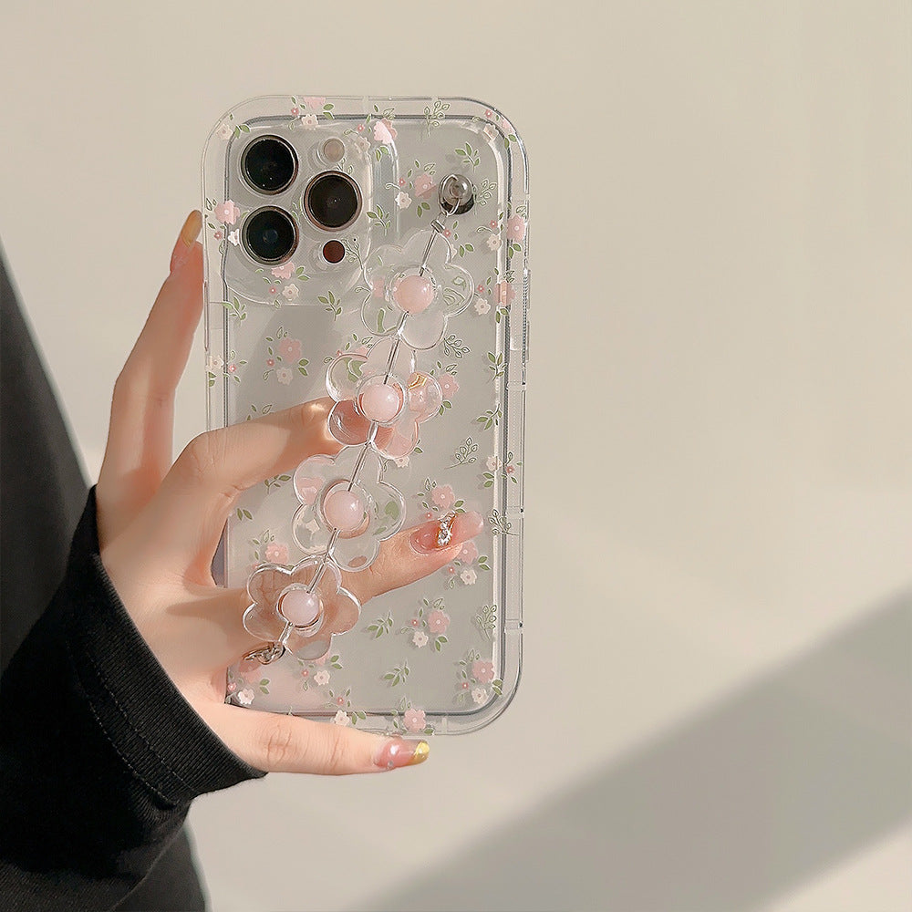 For iPhone 14 Pro Flower Pattern Phone Case Soft TPU Clear Phone Cover with Flower Decor Chain
