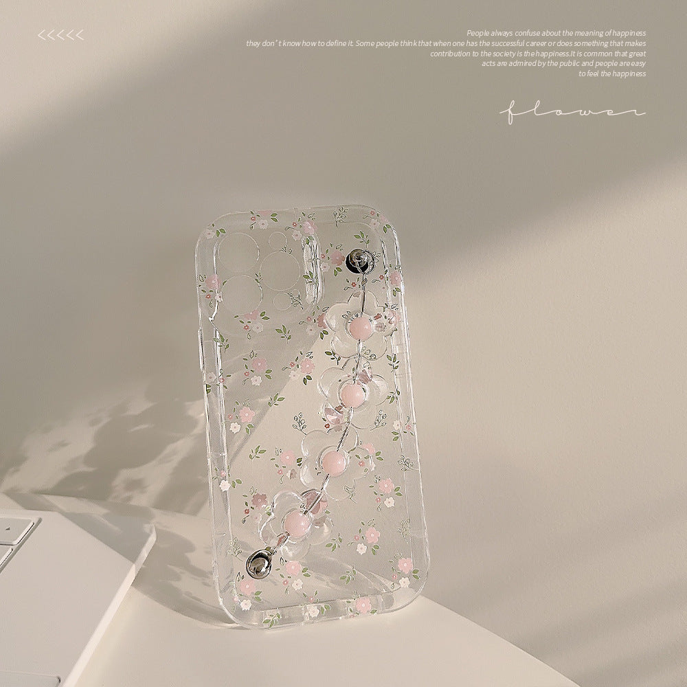 For iPhone 14 Pro Flower Pattern Phone Case Soft TPU Clear Phone Cover with Flower Decor Chain