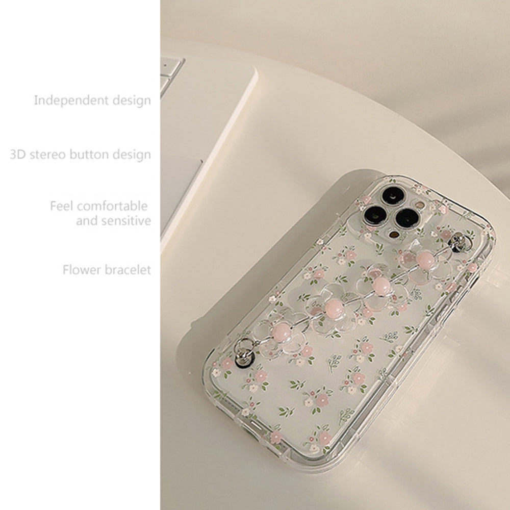 For iPhone 14 Pro Flower Pattern Phone Case Soft TPU Clear Phone Cover with Flower Decor Chain